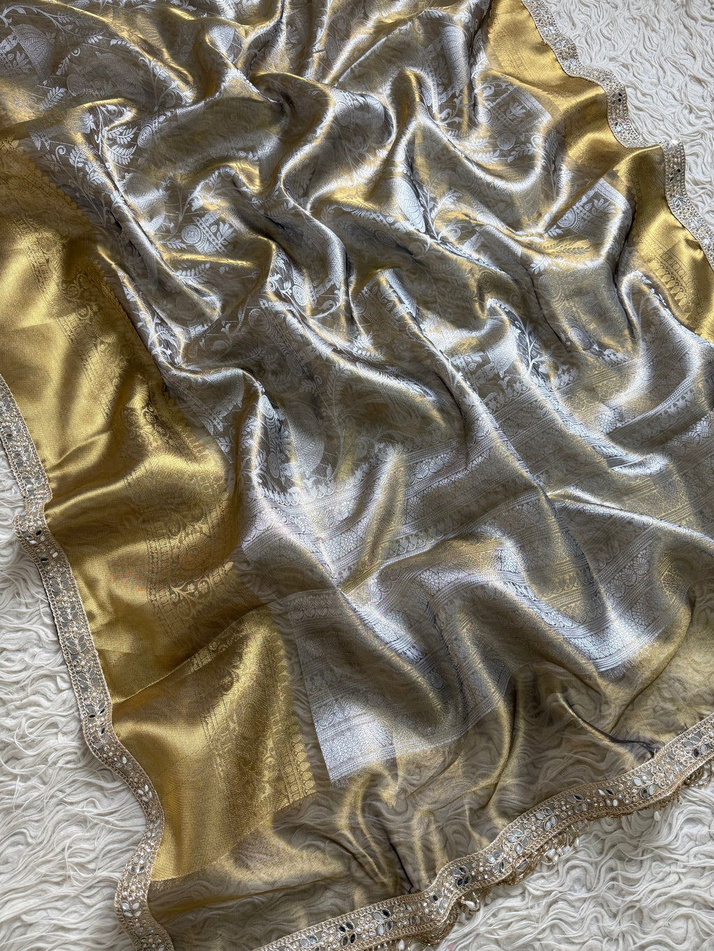 Metallic Gold Bridal Kanjeevaram Brocade Tissue Saree with Designer Pearl and Mirror Lace Work Jhalar Lace on Pallu 