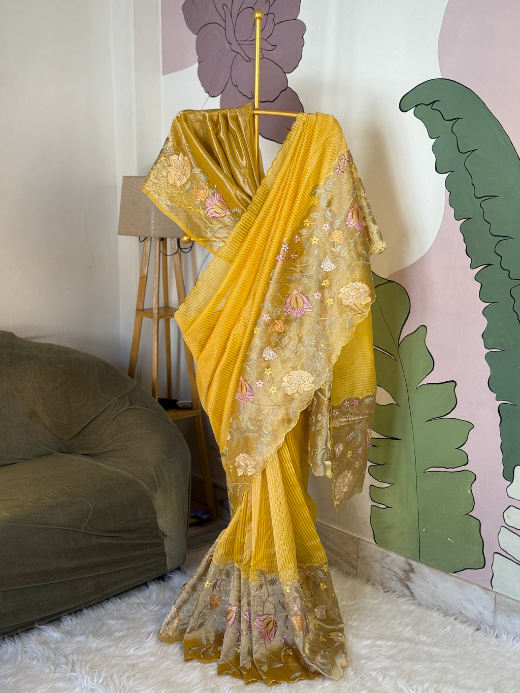 Yellow Designer Chiniya Tissue Silk Stripe Saree with multi color floral embroidered on Tissue Base