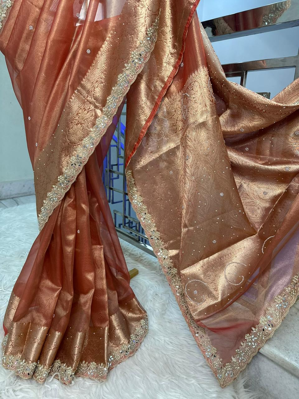 Designer Banarasi Tissue Saree with Pearl Work on all over Body with Intricate Border and Pallu Design Along with Gotta Patti Lace Work