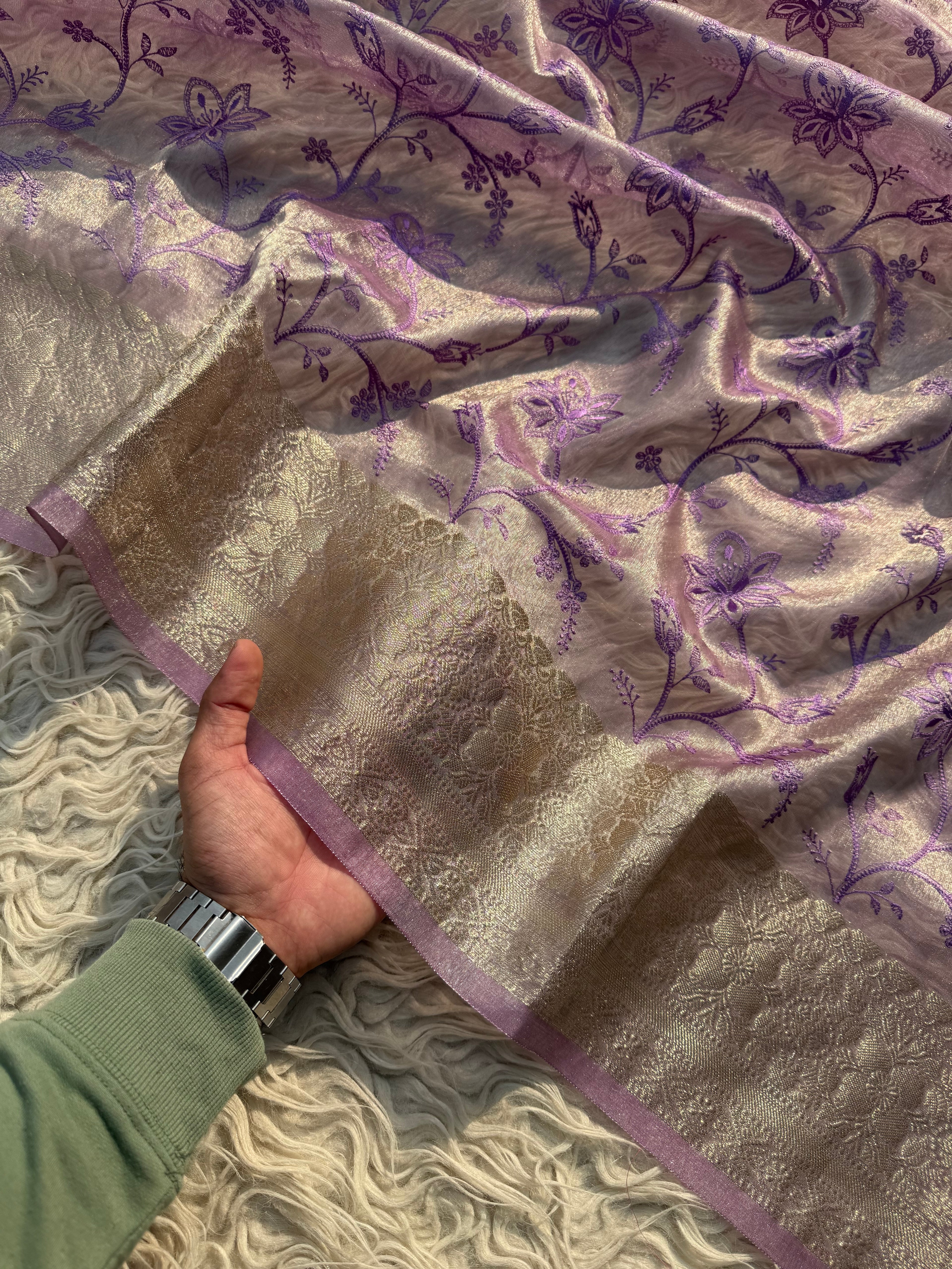 Lavender Banarasi Embroidery Tissue Silk Saree