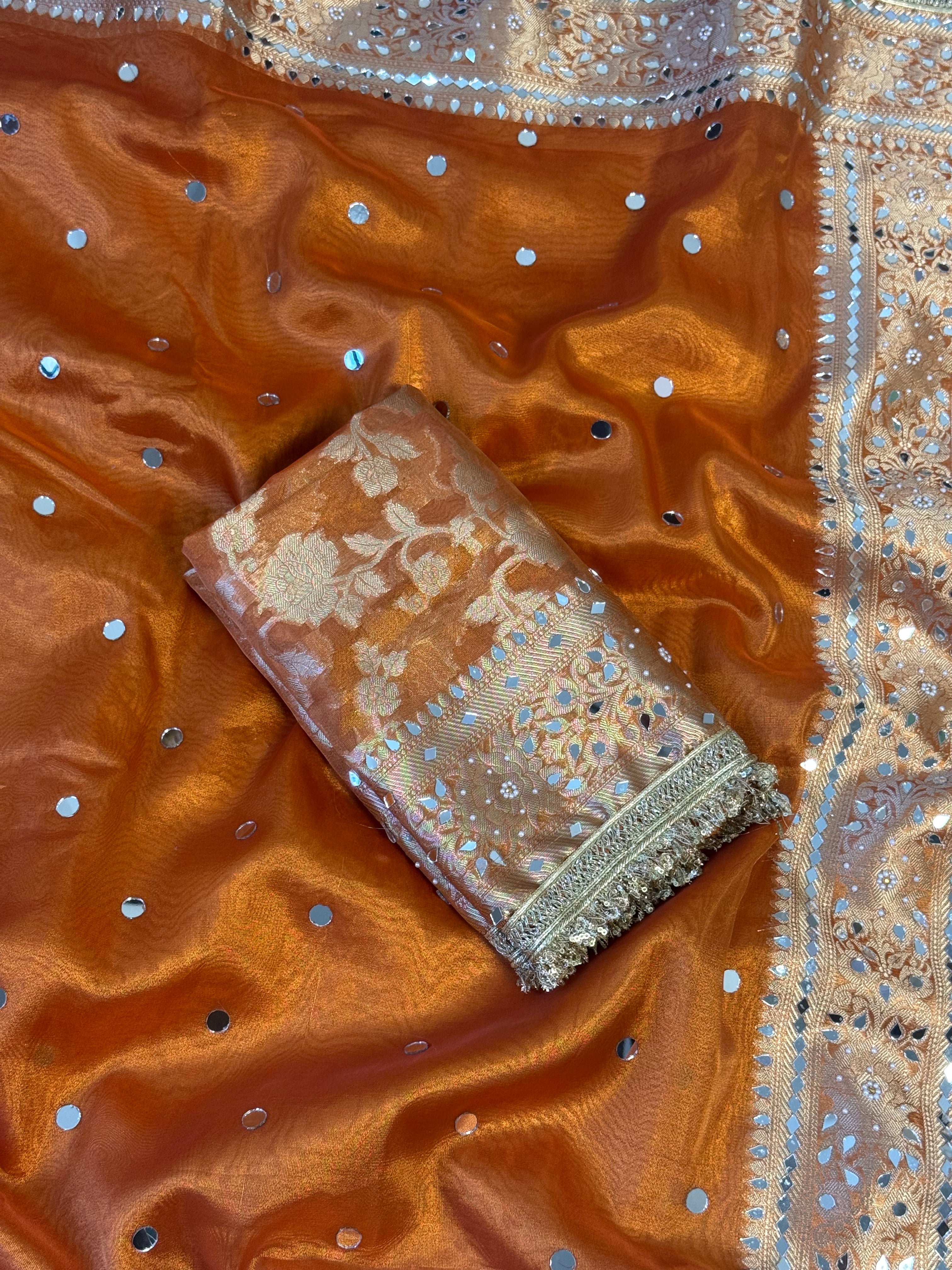Designer Banarasi Tissue Saree with Pearl and mirror Work on all over Body with Intricate Border and Pallu Design Along with Gotta Patti Lace Work