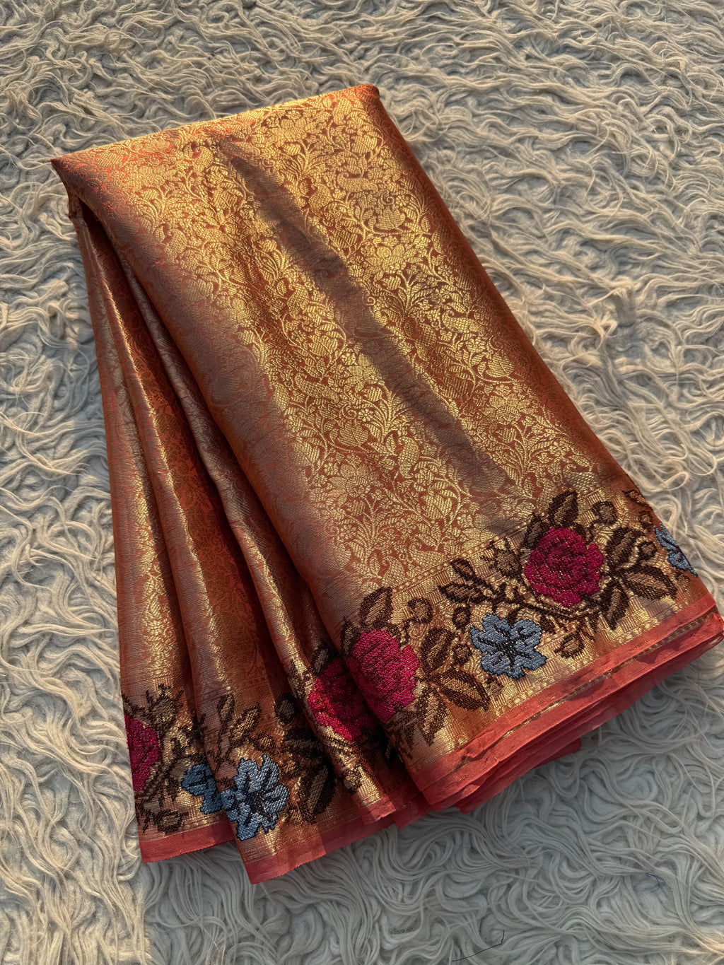 Orange Banarasi Tanchui Embroidery Tissue Silk Saree