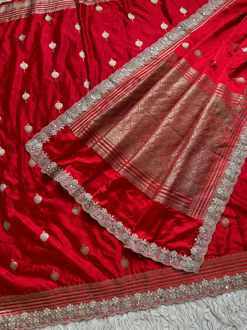 Bridal Red Designer Banarasi Mashru Silk Saree All Over Alfi Meena Buta