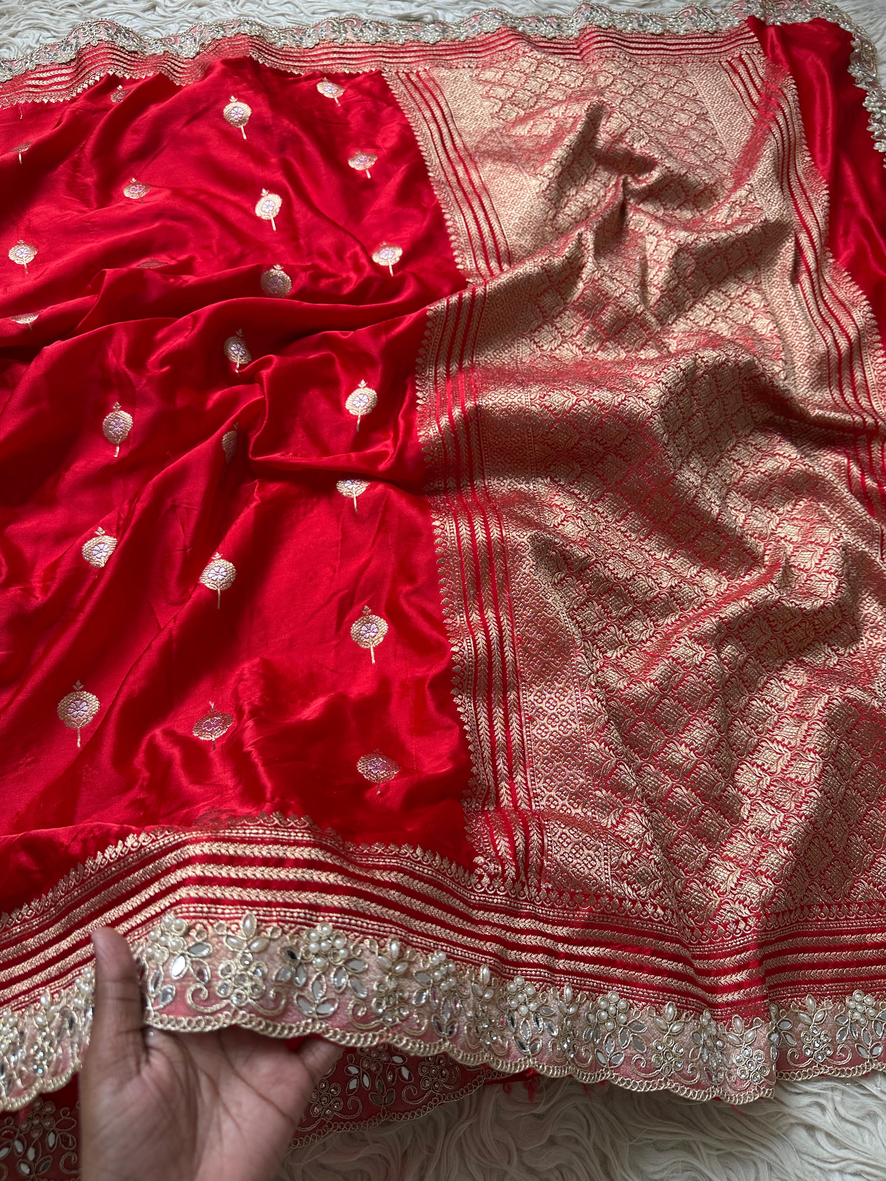 Bridal Red Designer Banarasi Mashru Silk Saree All Over Alfi Meena Buta