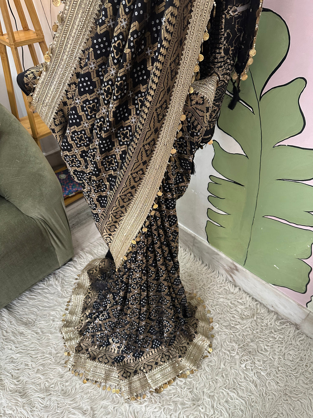 Black Designer Georgette Katan Silk Saree with Gota Patti and Coin lace