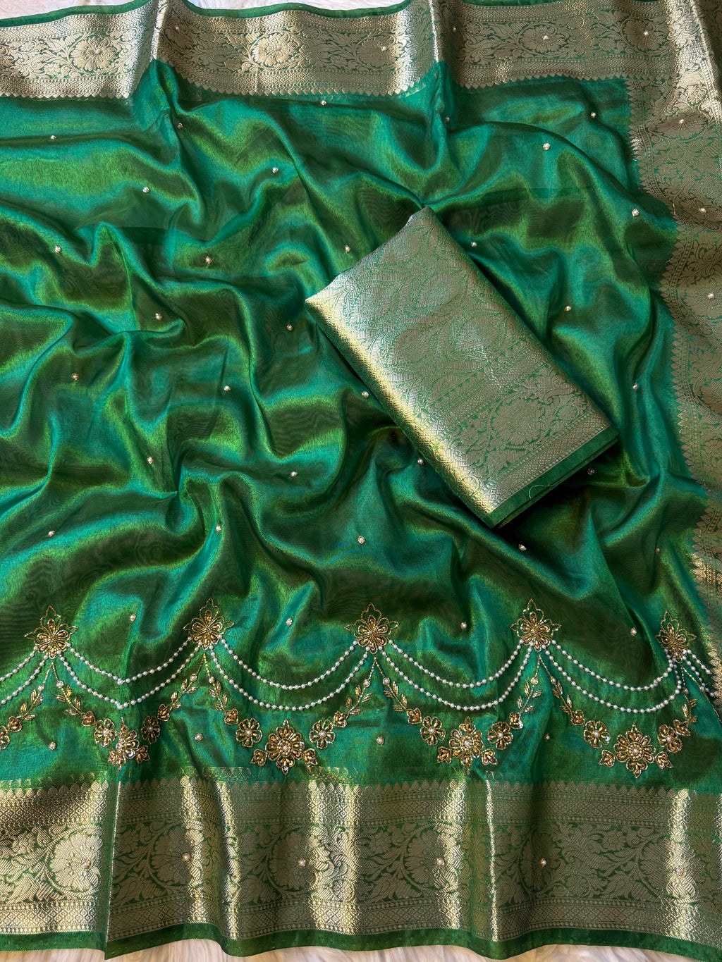Pretty green Shade Banarasi Tissue Silk Zardozi Handwork Saree