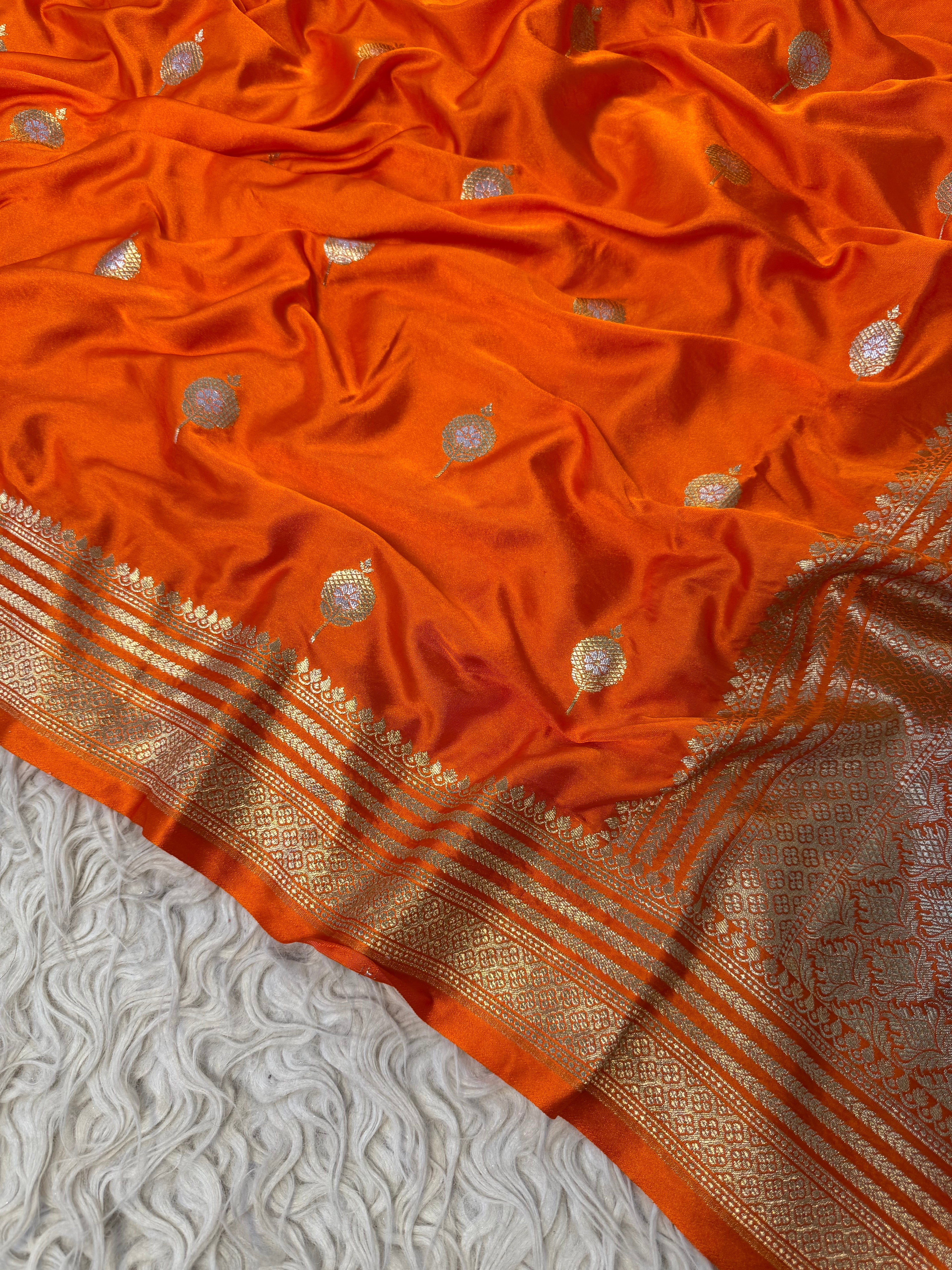 Rare cosmic orange shade Banarasi Mashru Silk Saree All Over Alfi Meena Buta