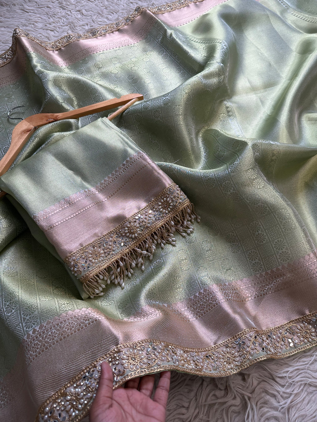 Bridal Kanjeevaram Brocade Tissue Saree with Designer Pearl and Mirror Lace Work Jhalar Lace on Pallu