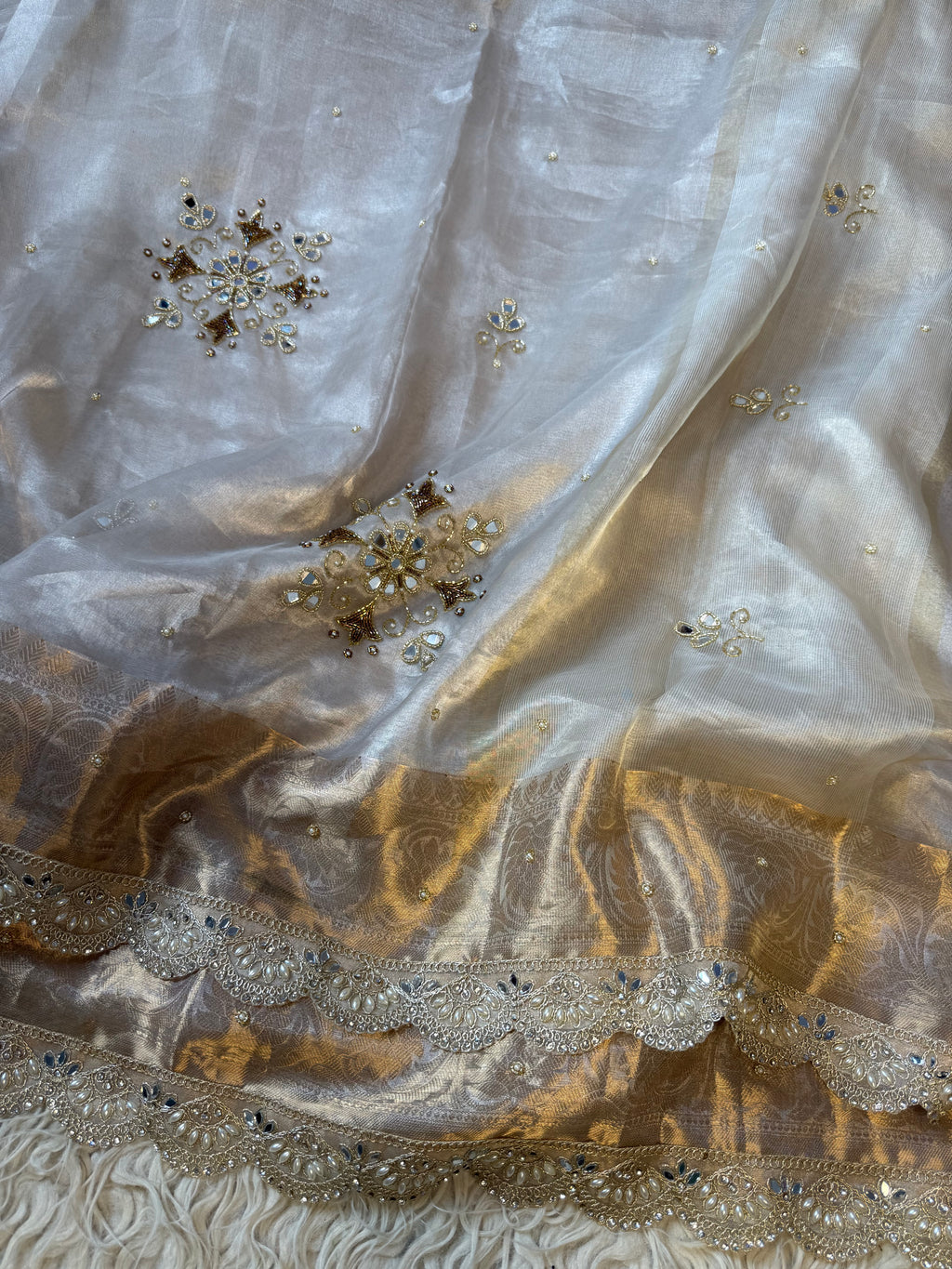 100%Pure Banarasi Tissue Saree with Hand Work on all over Body with Intricate Border and Pallu Design Along with diamond  Lace Work