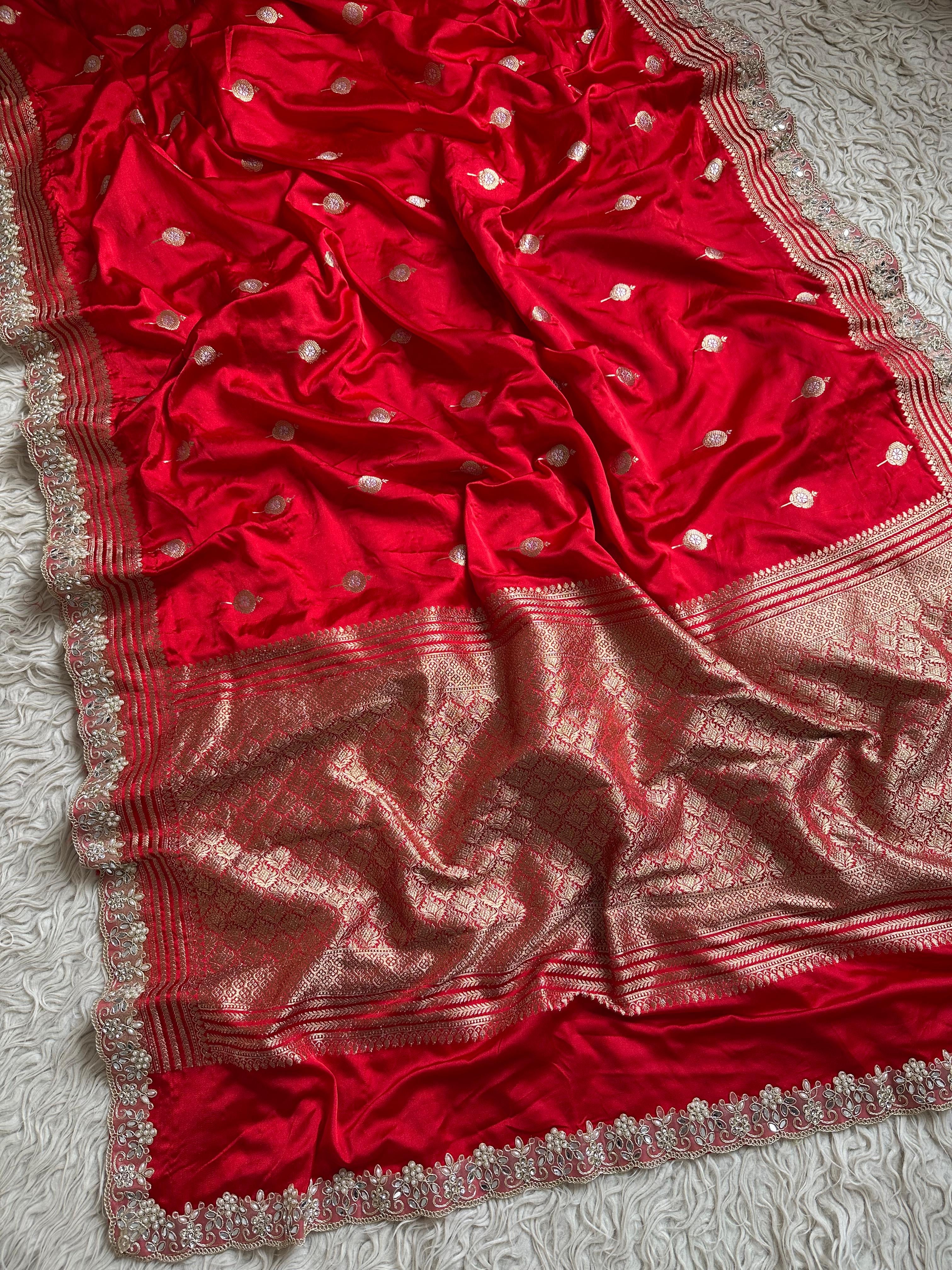 Bridal Red Designer Banarasi Mashru Silk Saree All Over Alfi Meena Buta