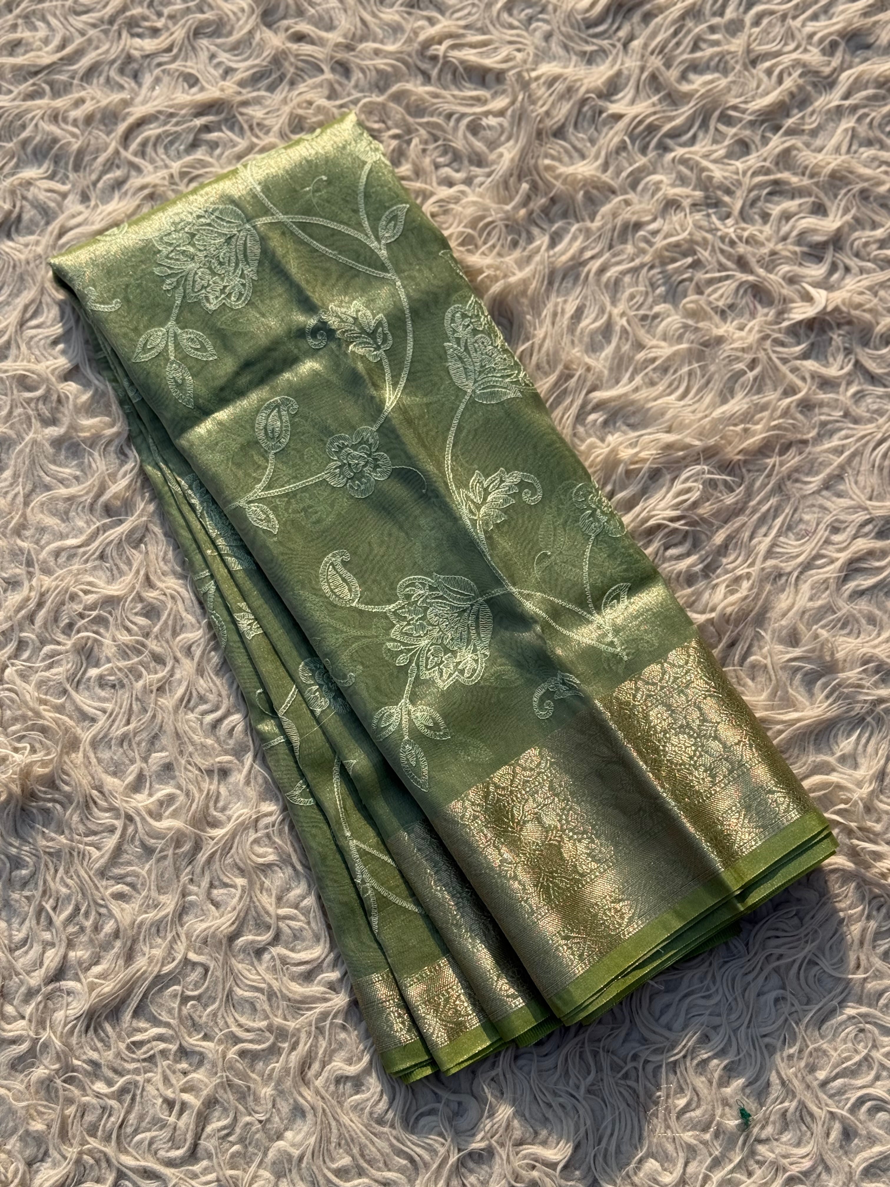 Pista Banarasi Embroidery Tissue Silk Saree