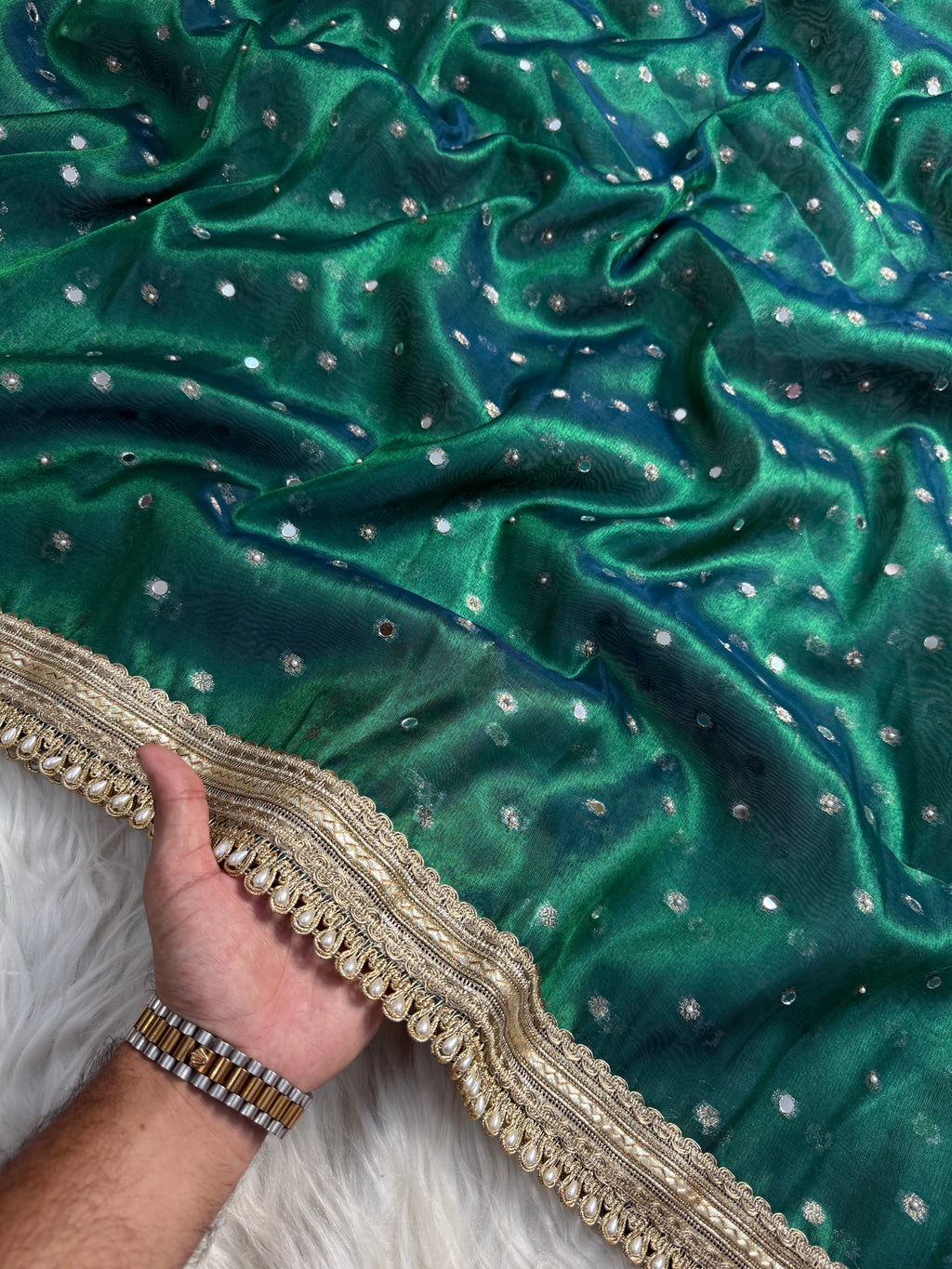 Peacock green shade mirror work tissue Banarasi saree with gotta patti