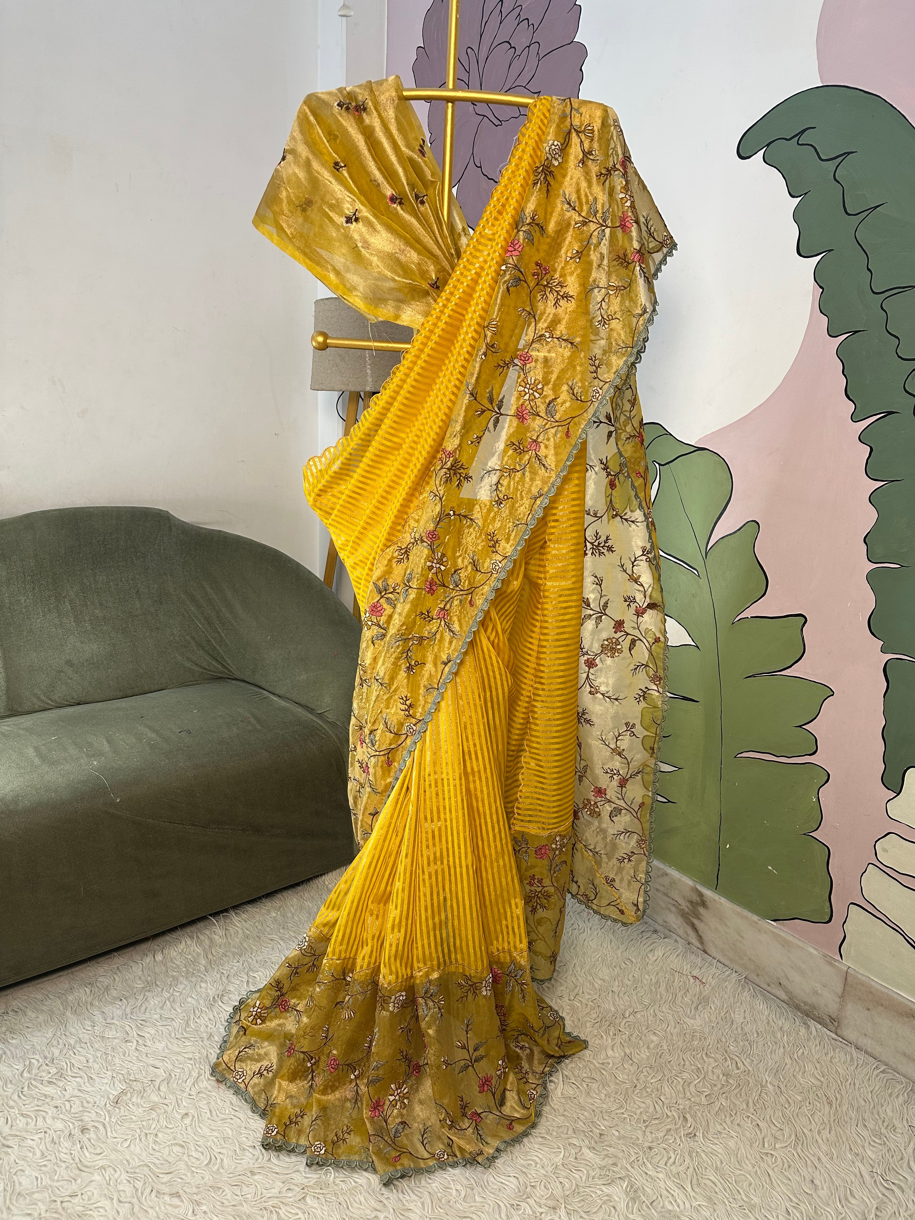 Yellow Designer Chiniya Tissue Silk Stripe Saree with multi color floral embroidered on Tissue Base