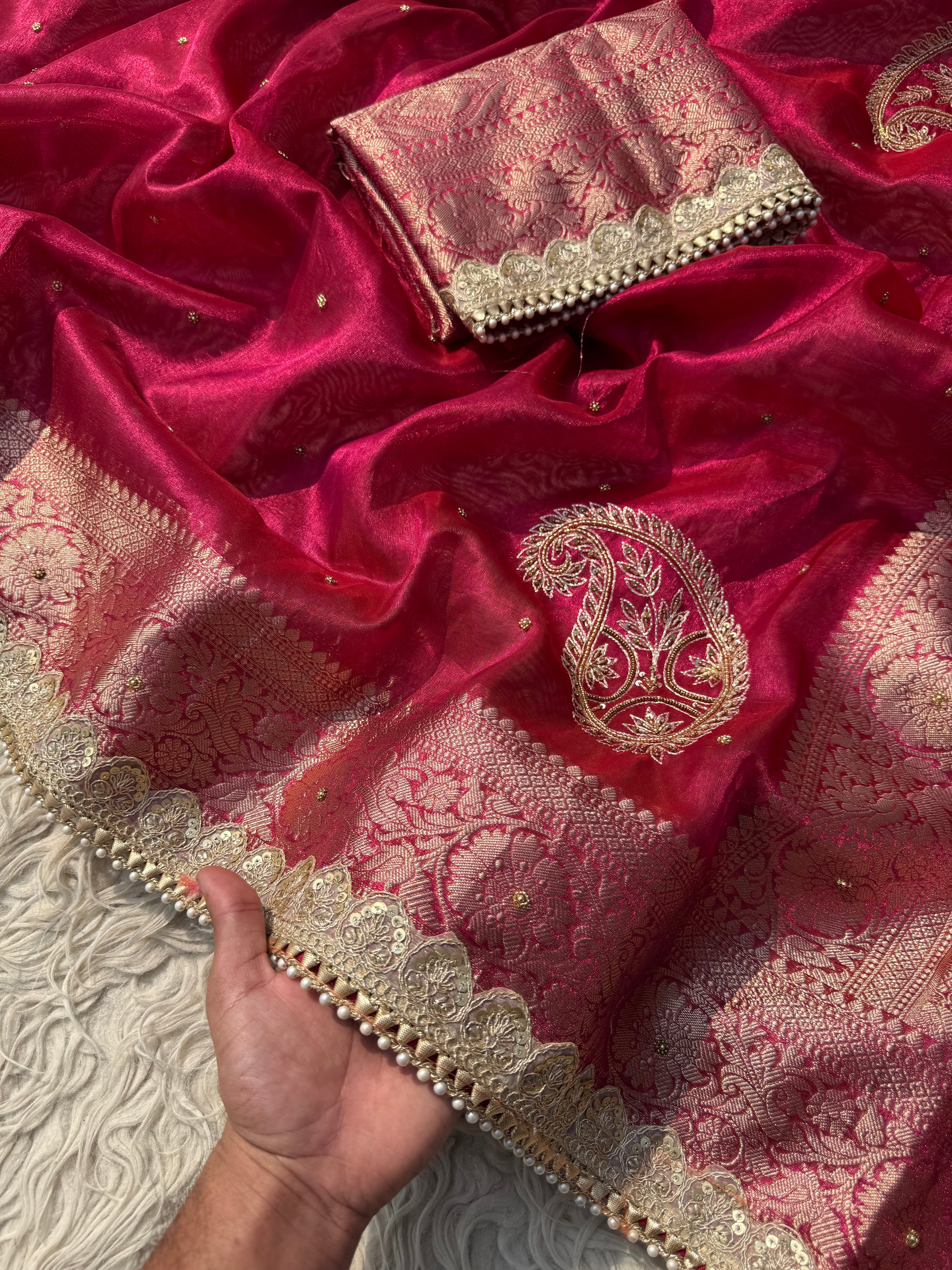 Designer rani Tissue Saree with Pearl and Mirror Work Border Attached Jhalar Pearl in Pallu and Elegant Jaal Pattern Blouse Piece