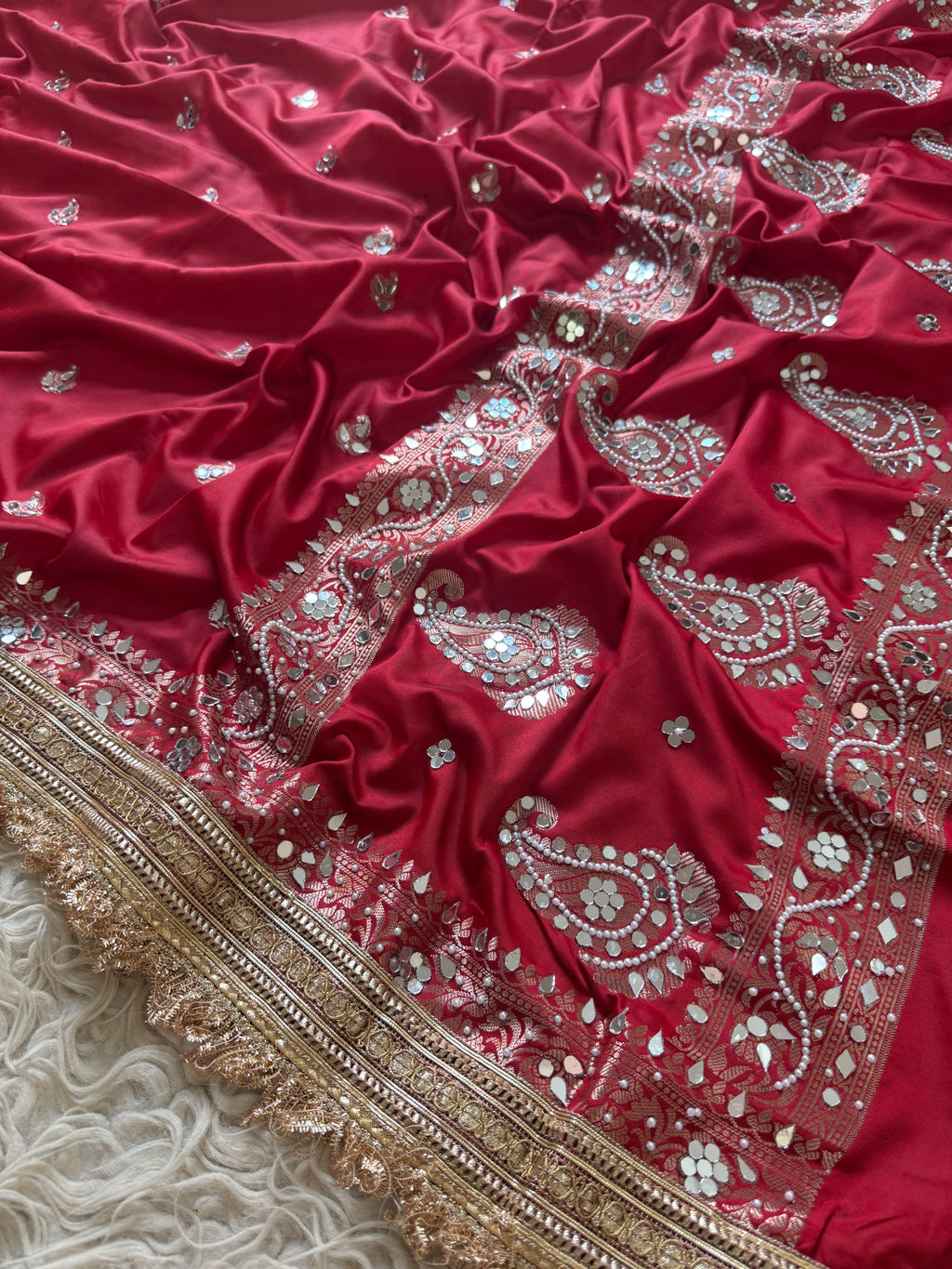 Designer Banarasi katan Saree with Pearl and mirror Work on all over Body with Intricate Border and Pallu Design Along with Gotta Patti Lace Work