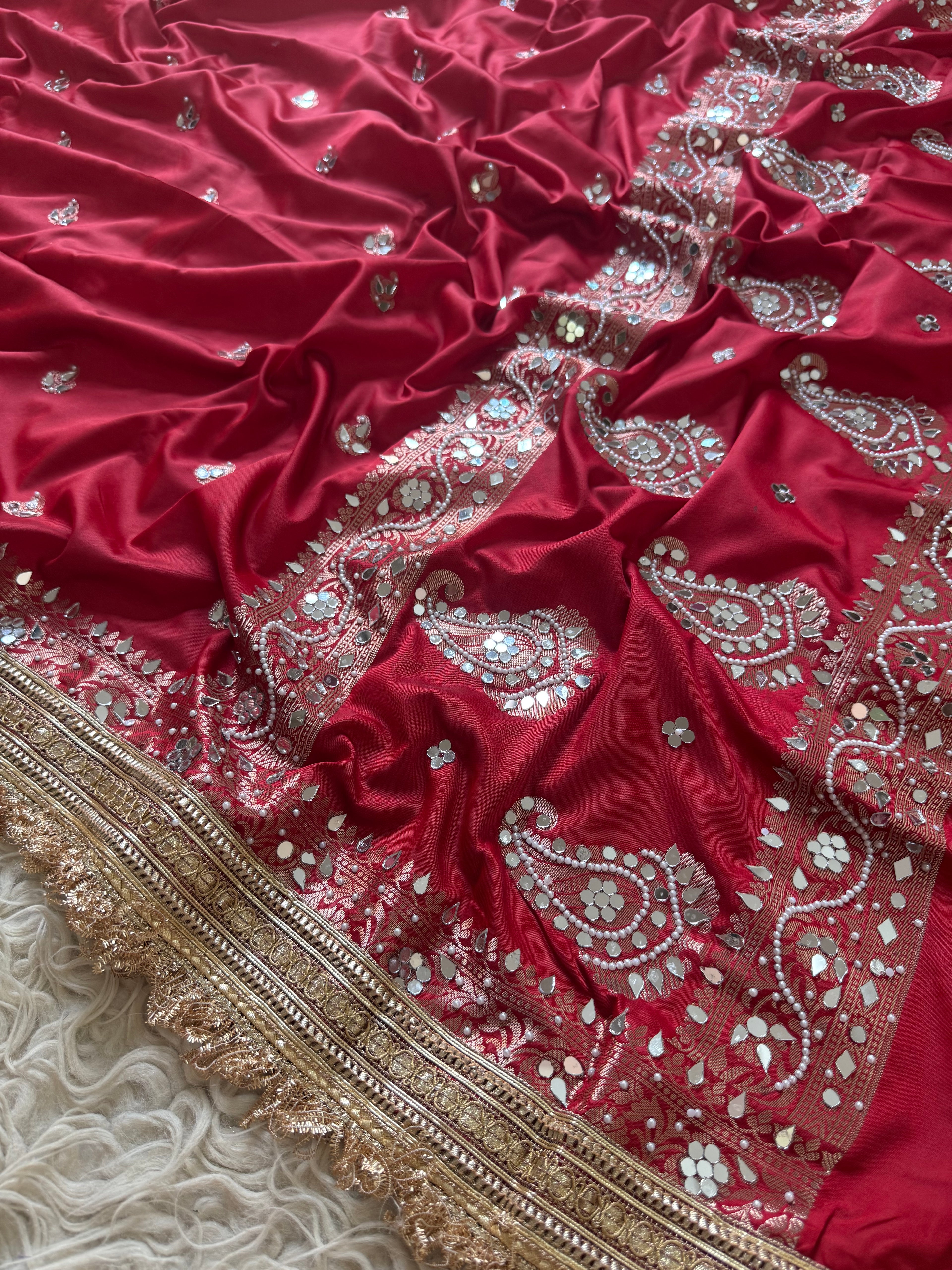 Designer Banarasi katan Saree with Pearl and mirror Work on all over Body with Intricate Border and Pallu Design Along with Gotta Patti Lace Work