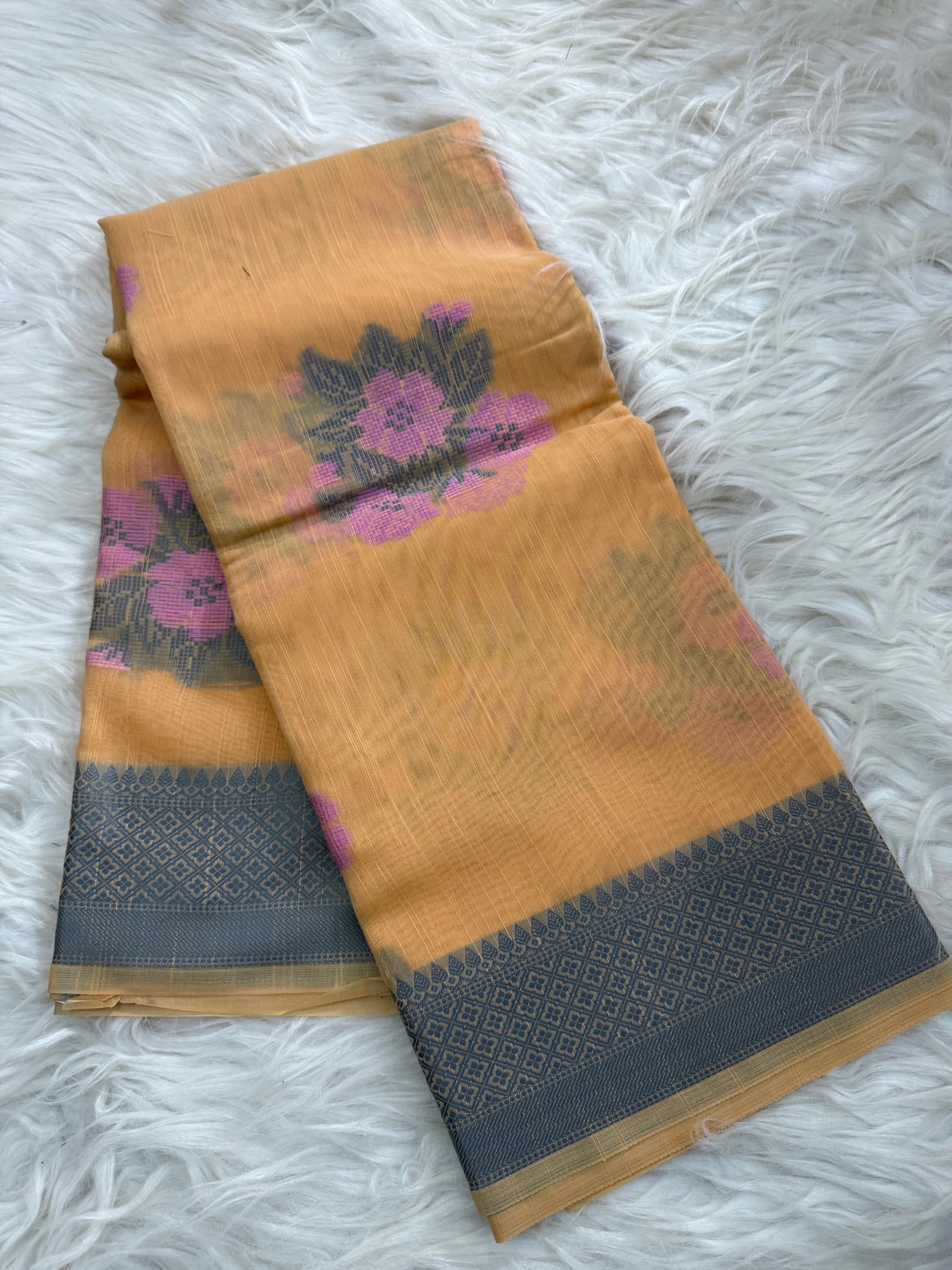Multi color floral Buta linen cotton saree