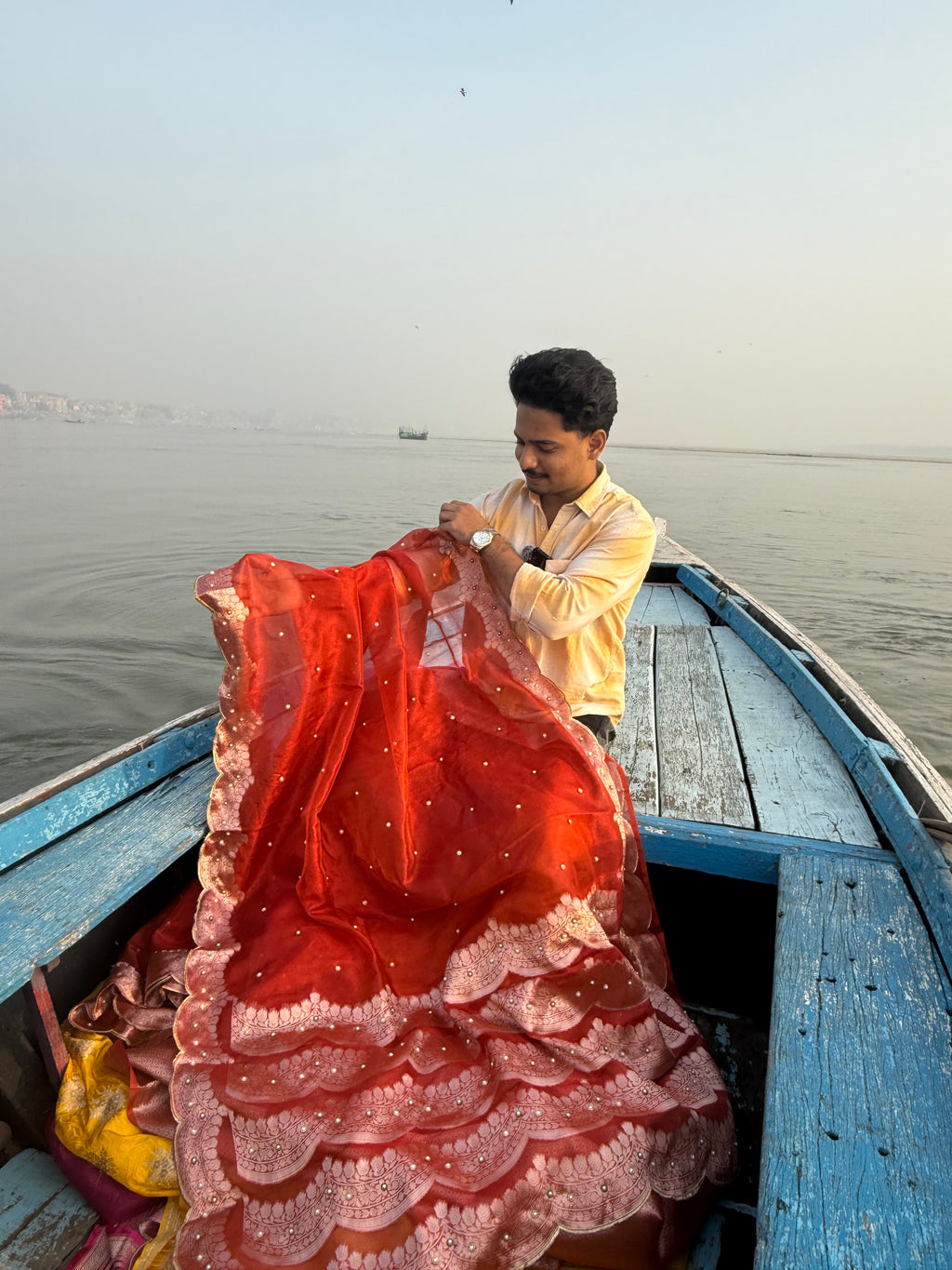 Banarasi Tissue Saree with Aari Work on all over Body with Intricate scallop border and Pallu