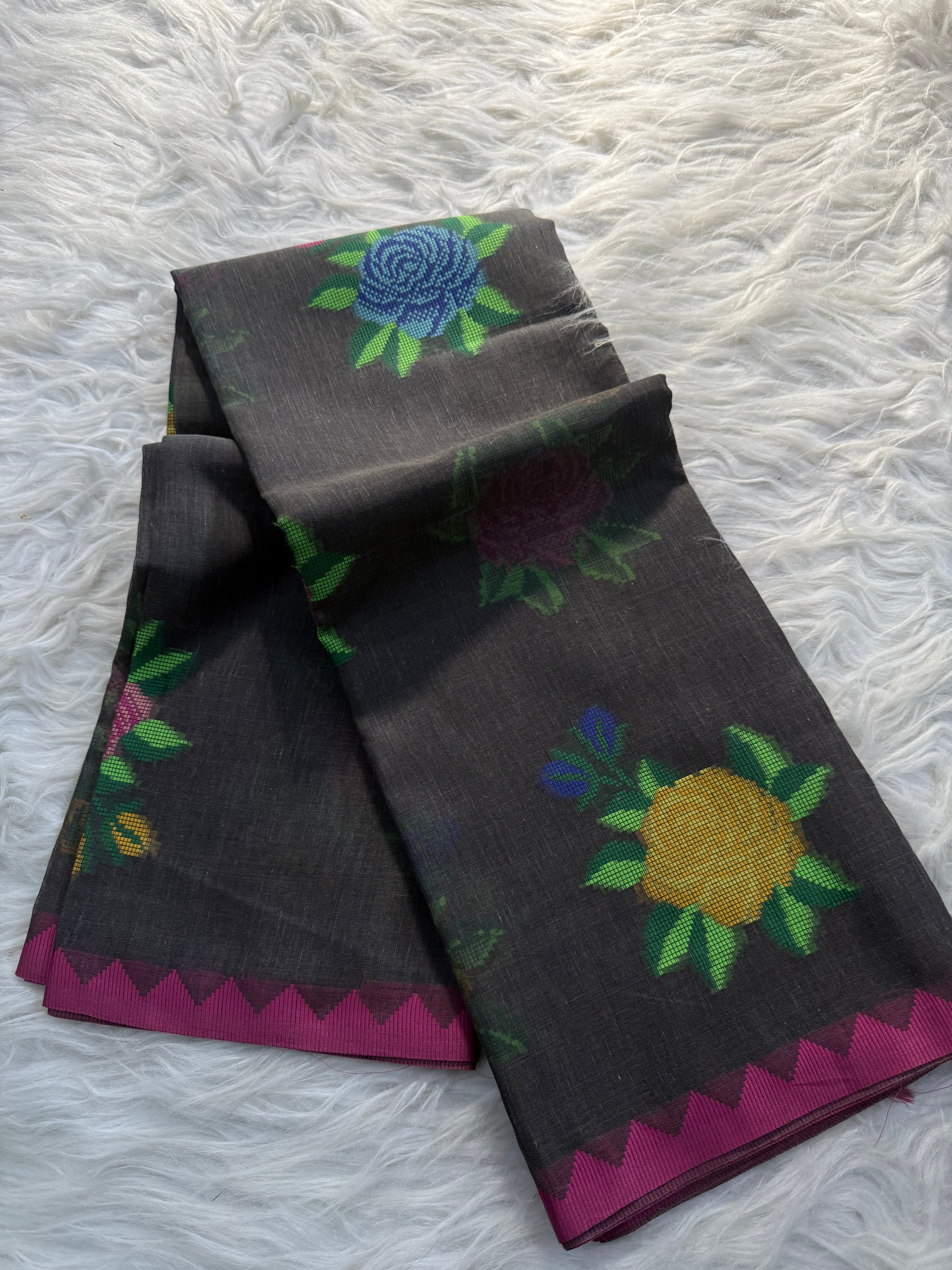 Multi color floral Buta linen cotton saree