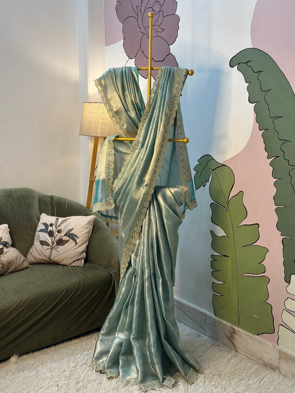 Bridal Kanjeevaram Brocade Tissue Saree with Designer Pearl and Mirror Lace Work