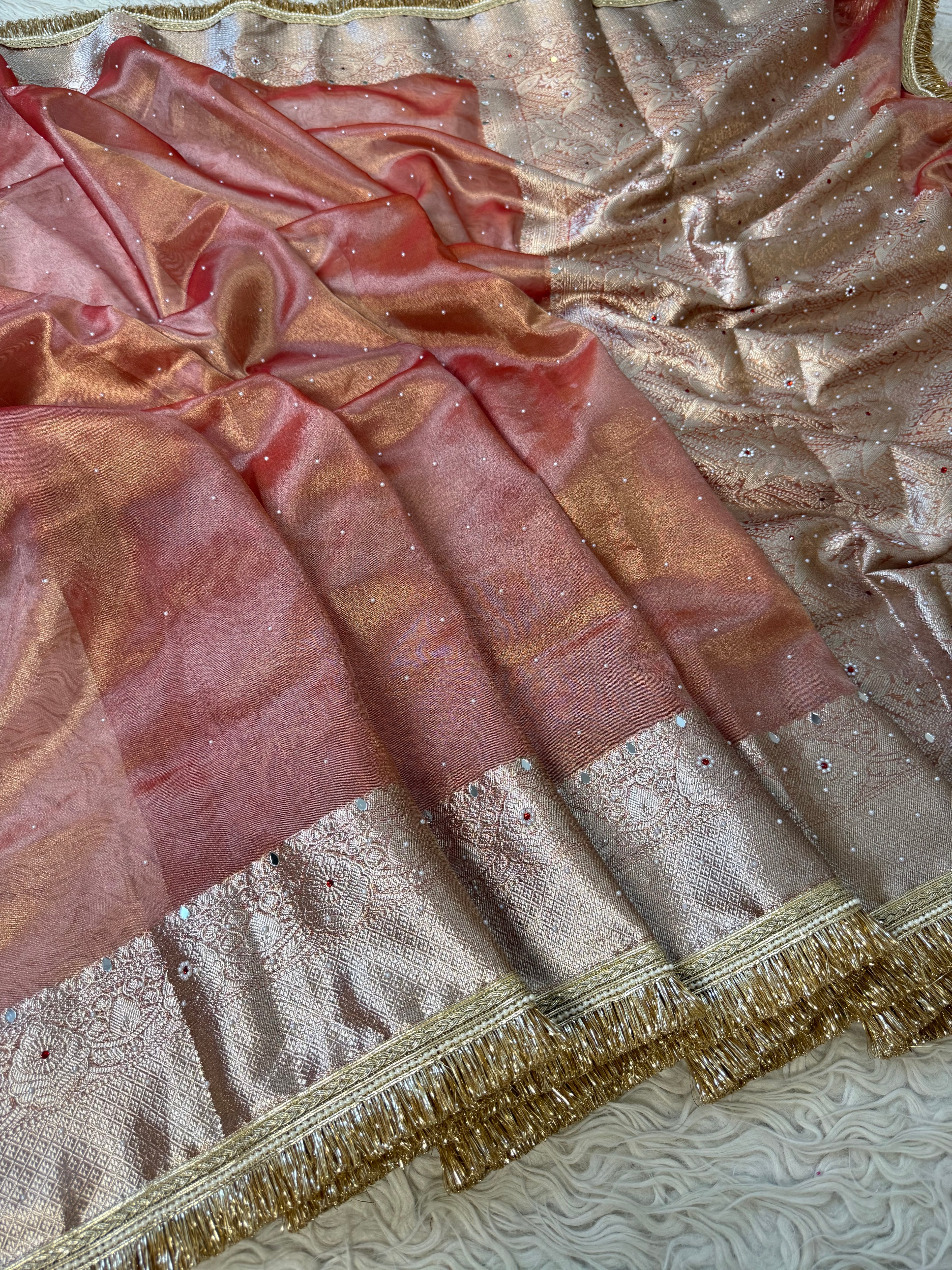 Designer Banarasi Tissue Saree with Pearl Work on all over Body with Intricate Border and Pallu Design Along with Gotta Patti Lace Work