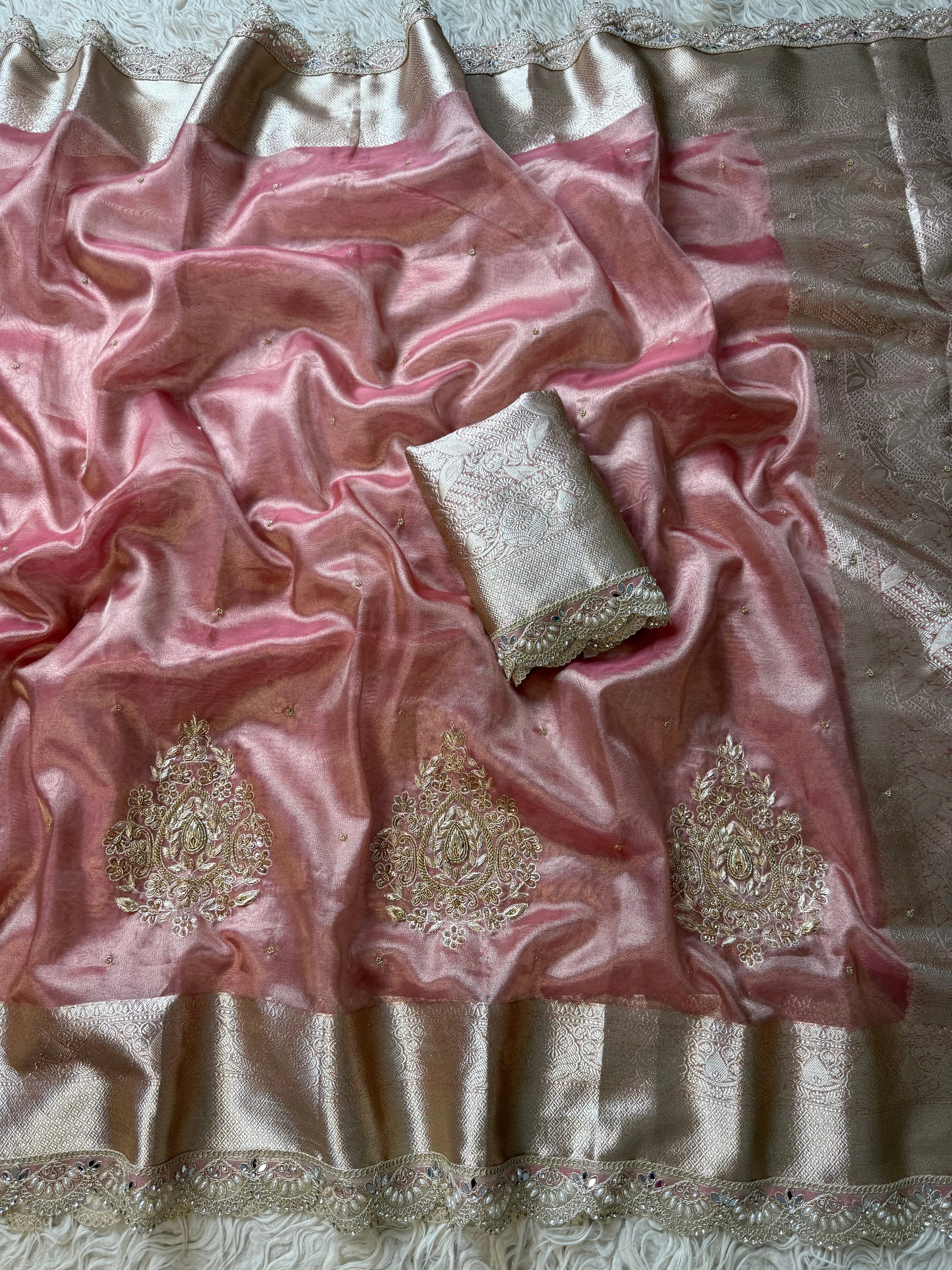 Pretty Pink Shade Banarasi Tissue Silk Zardozi Handwork Saree