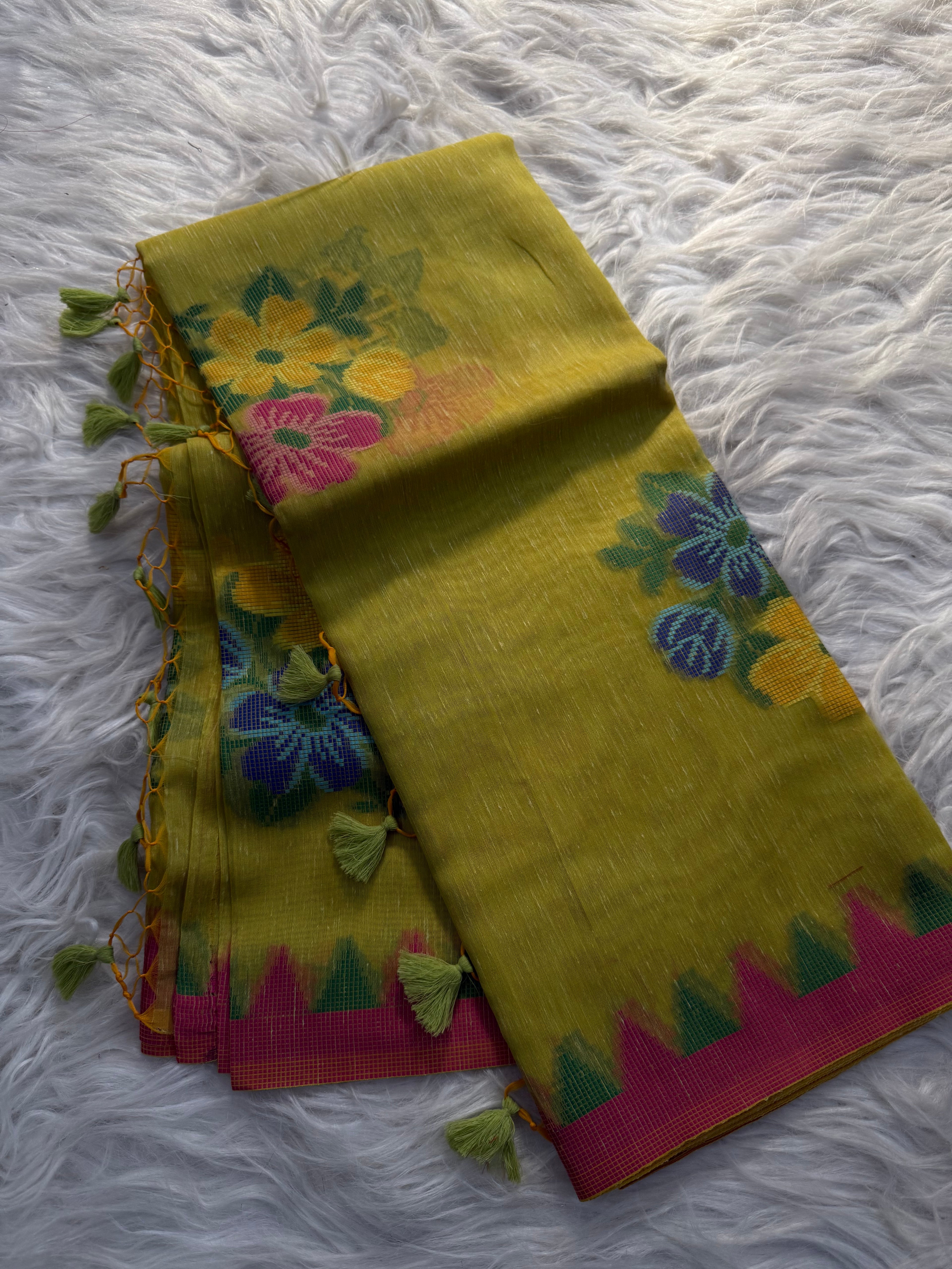 Multi color floral Buta linen cotton saree