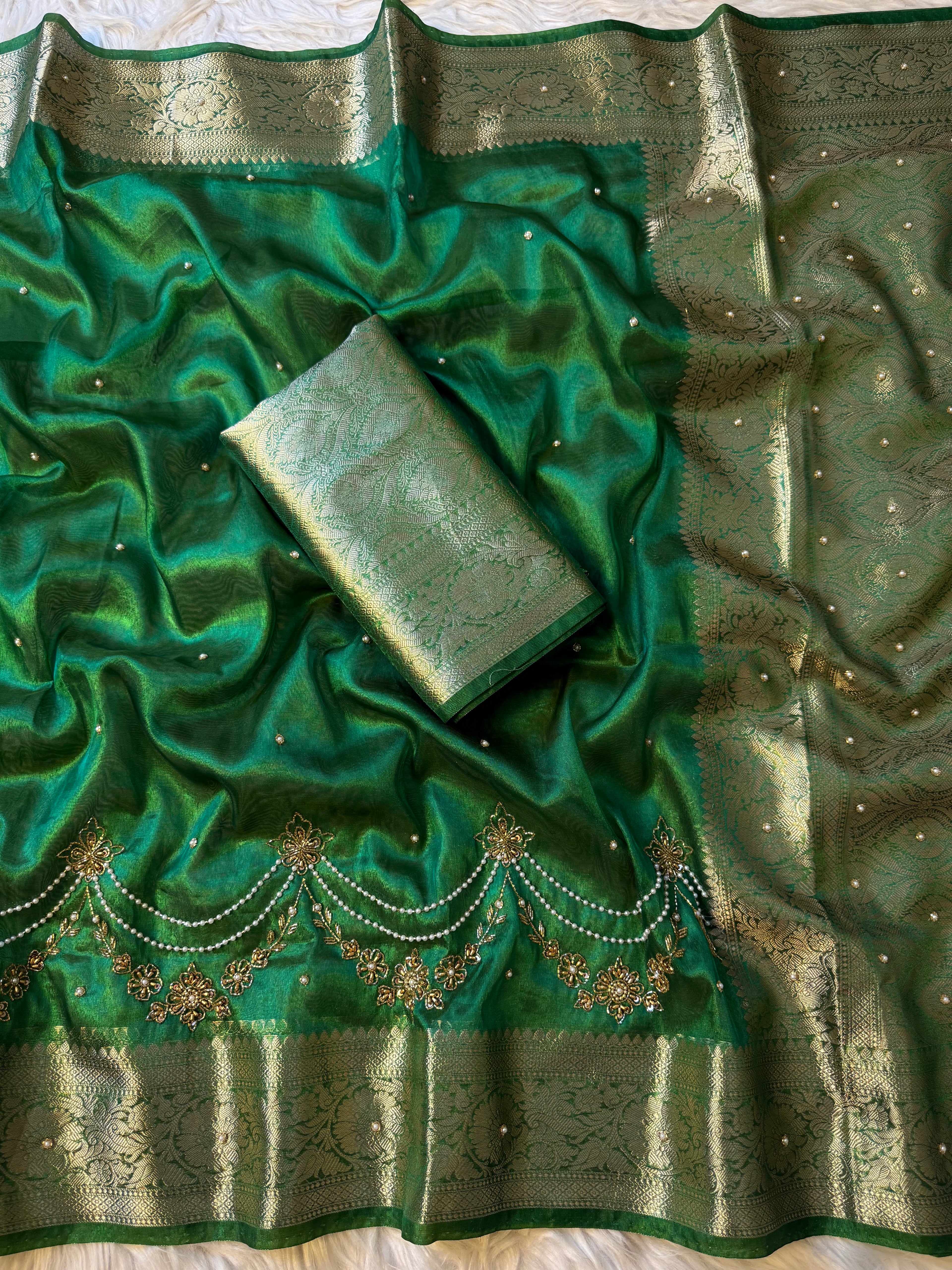 Pretty green Shade Banarasi Tissue Silk Zardozi Handwork Saree