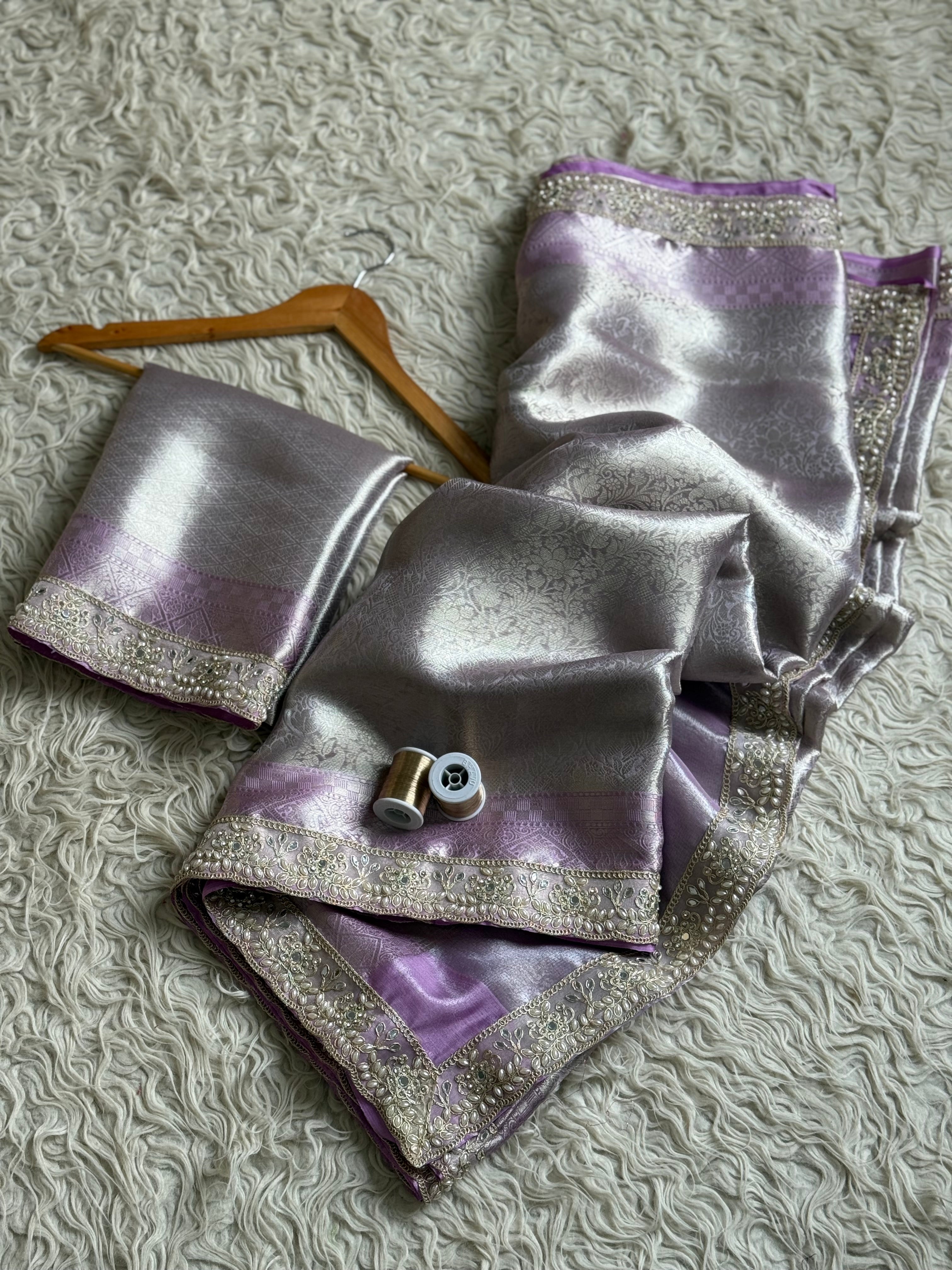 Lilac Bridal Kanjeevaram Brocade Tissue Saree with Designer Pearl and Mirror Lace Work