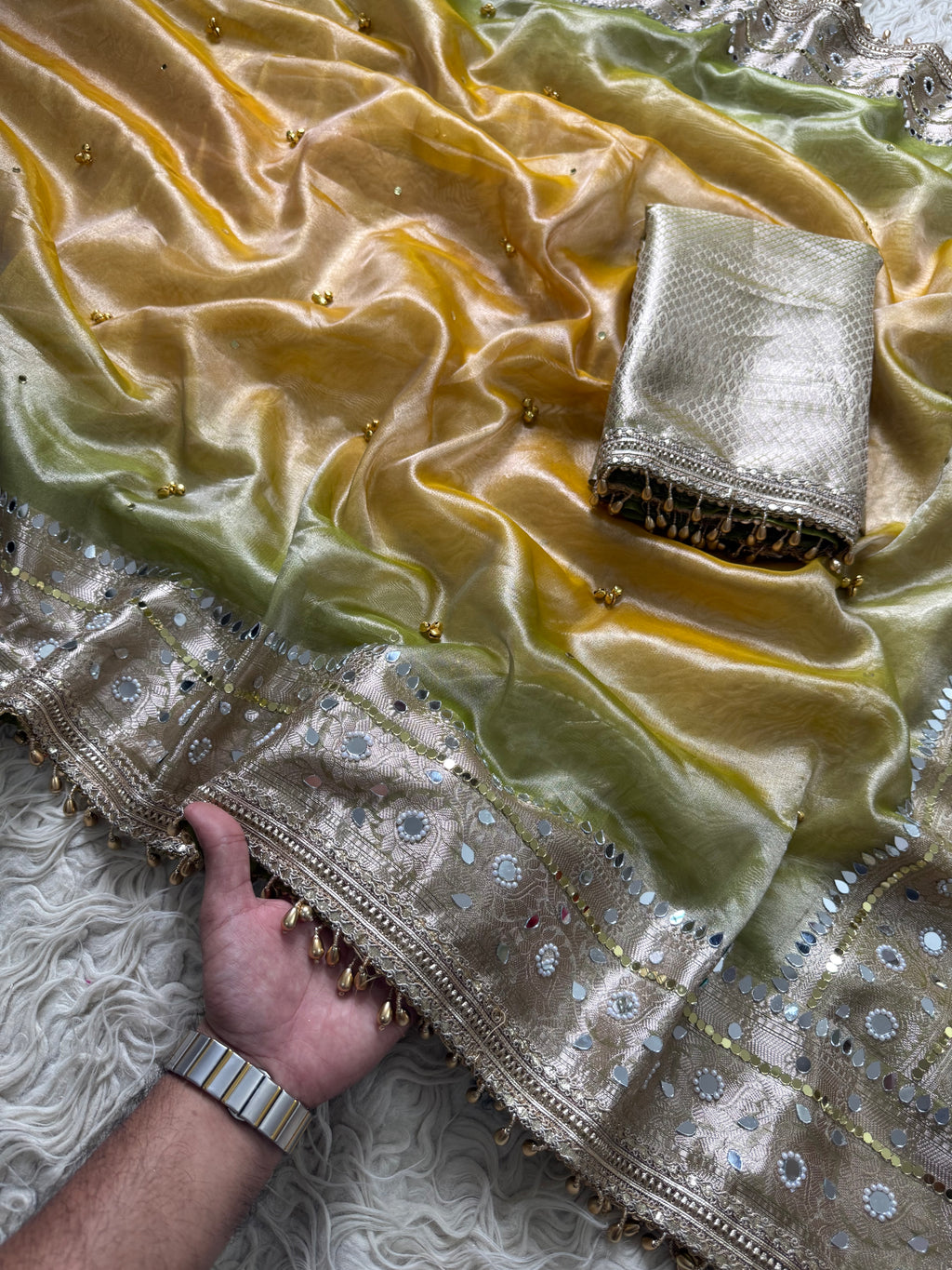 Duo Green yellow Banarasi tissue saree X ghungroo and mirror work