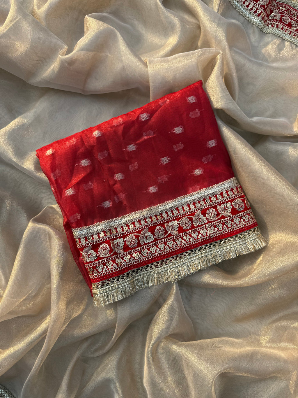 Kajol Inspired Ivory Tissue Silk Saree with Red Velvet Lace border with contrast Red Blouse