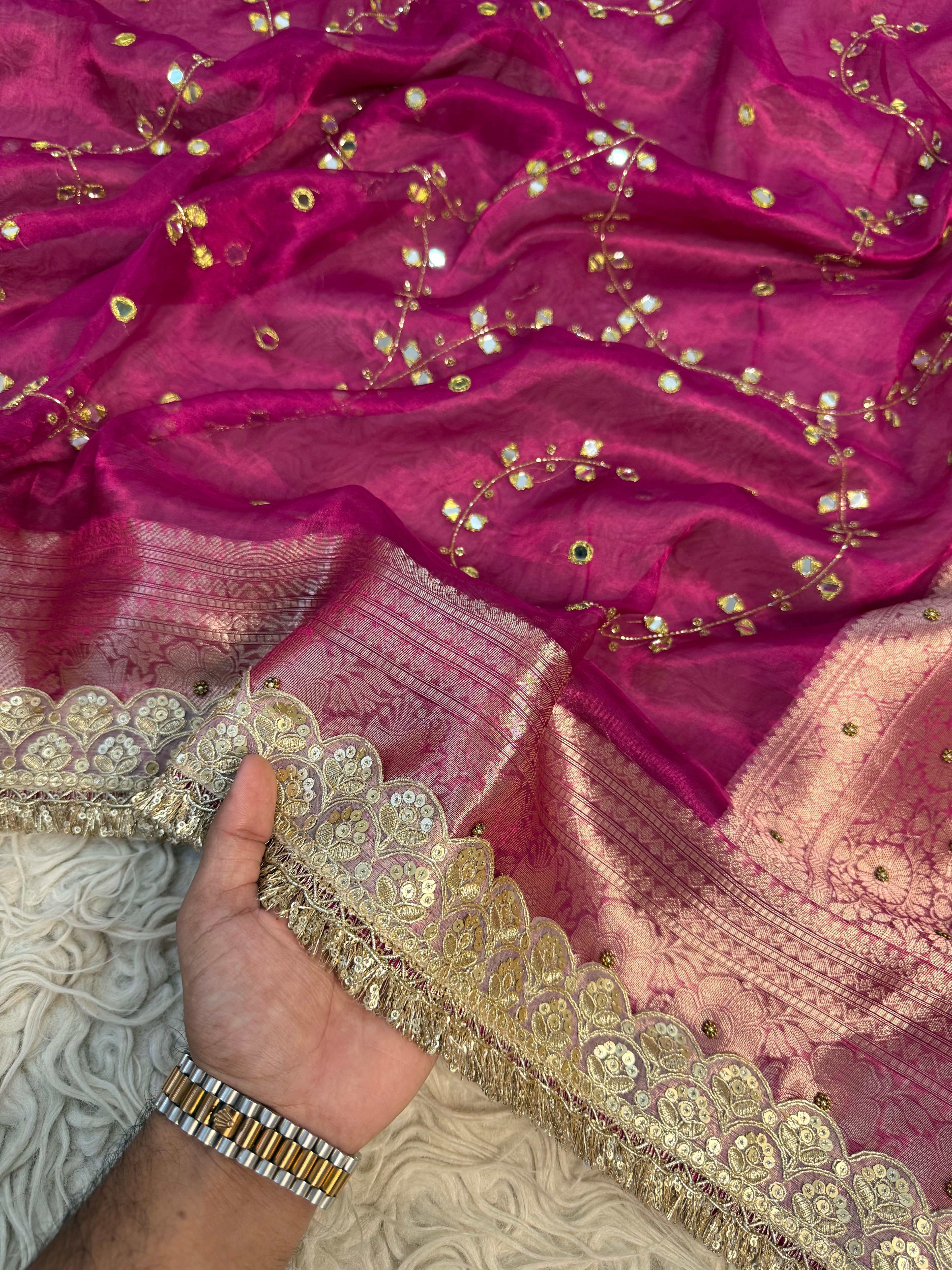 Pure Banarasi Tissue Saree with Hand Work on all over Body with Intricate Border and Pallu Design Along with Gotta Patti Lace Work