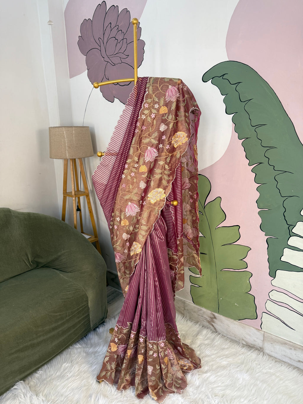 Pink Designer Chiniya Tissue Silk Stripe Saree with multi color floral embroidered on Tissue Base