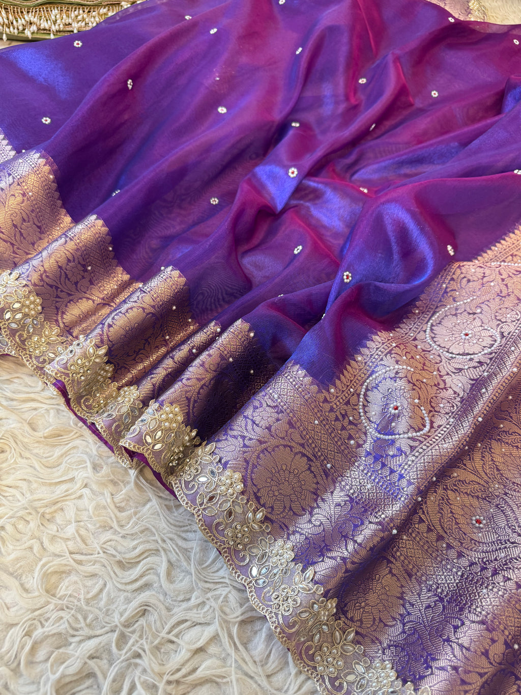 Designer Banarasi Tissue Saree with Pearl Work on all over Body with Intricate Border and Pallu Design Along with Gotta Patti Lace Work