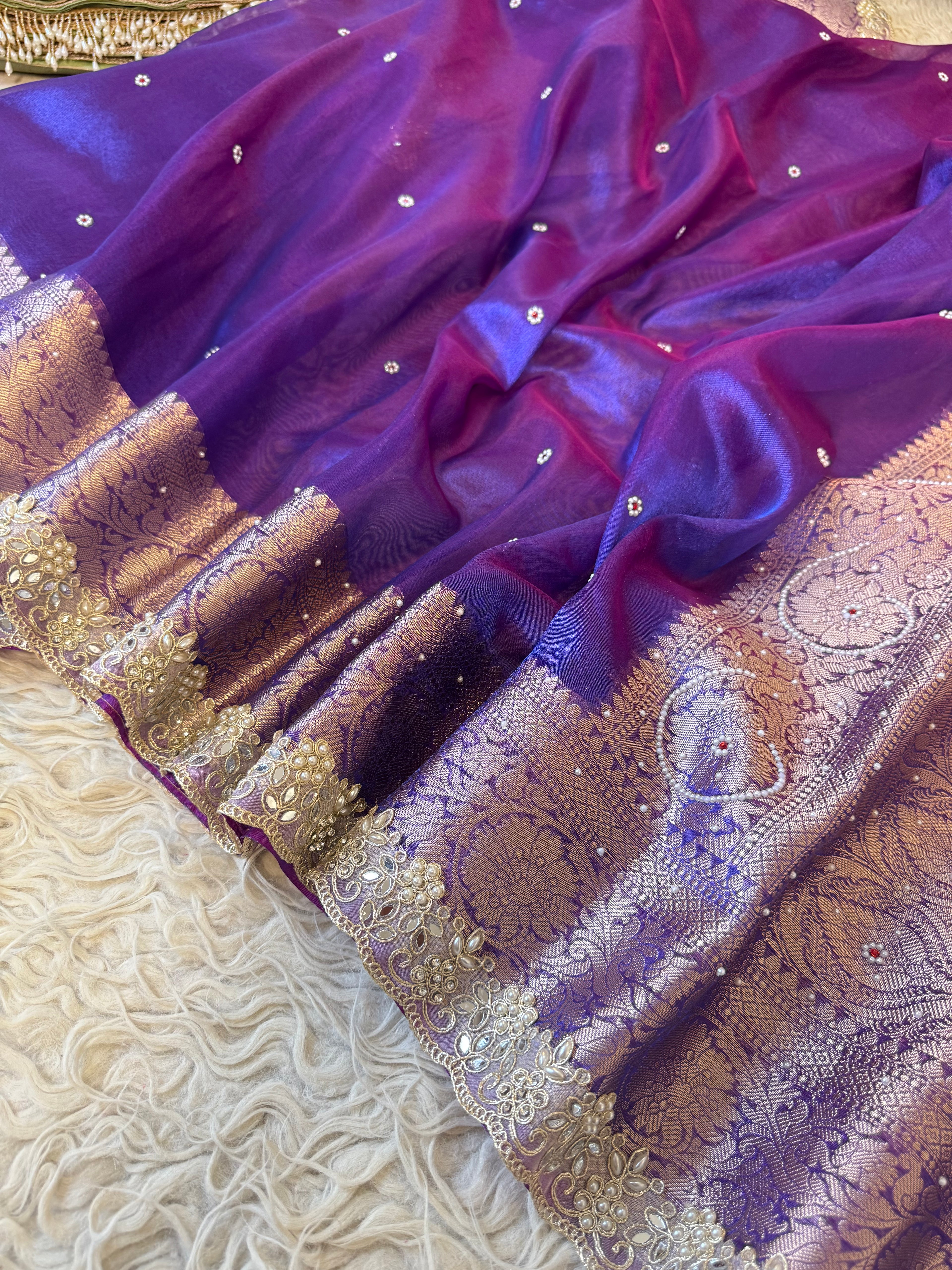 Designer Banarasi Tissue Saree with Pearl Work on all over Body with Intricate Border and Pallu Design Along with Gotta Patti Lace Work