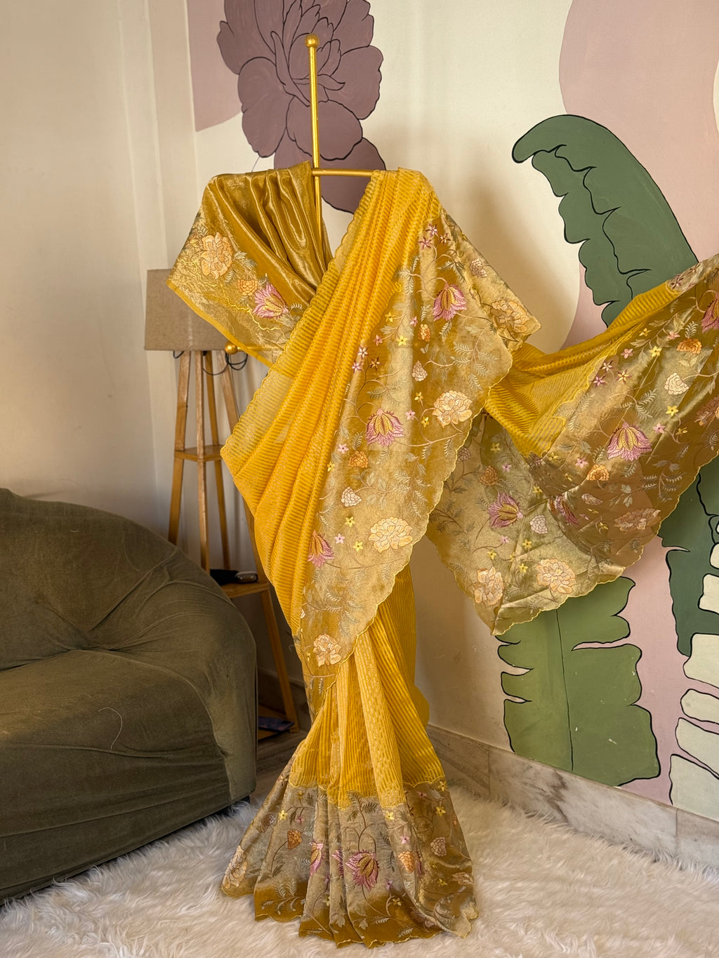 Yellow Designer Chiniya Tissue Silk Stripe Saree with multi color floral embroidered on Tissue Base