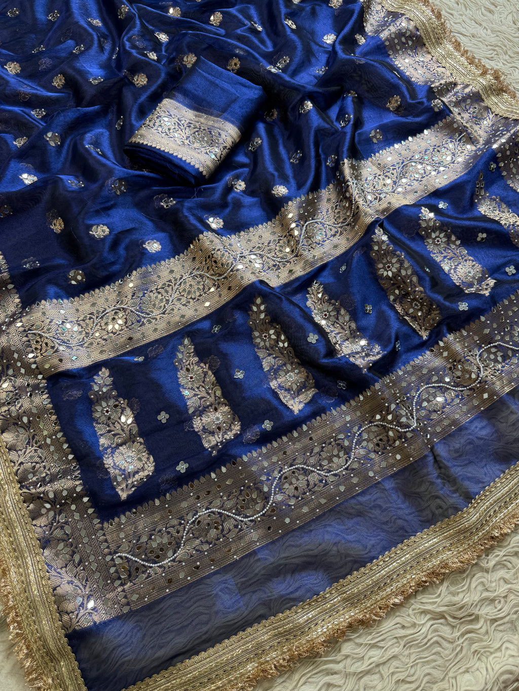 Designer Banarasi Tissue Saree with Pearl Work on all over Body with Intricate Border and Pallu Design Along with Gotta Patti Lace Work
