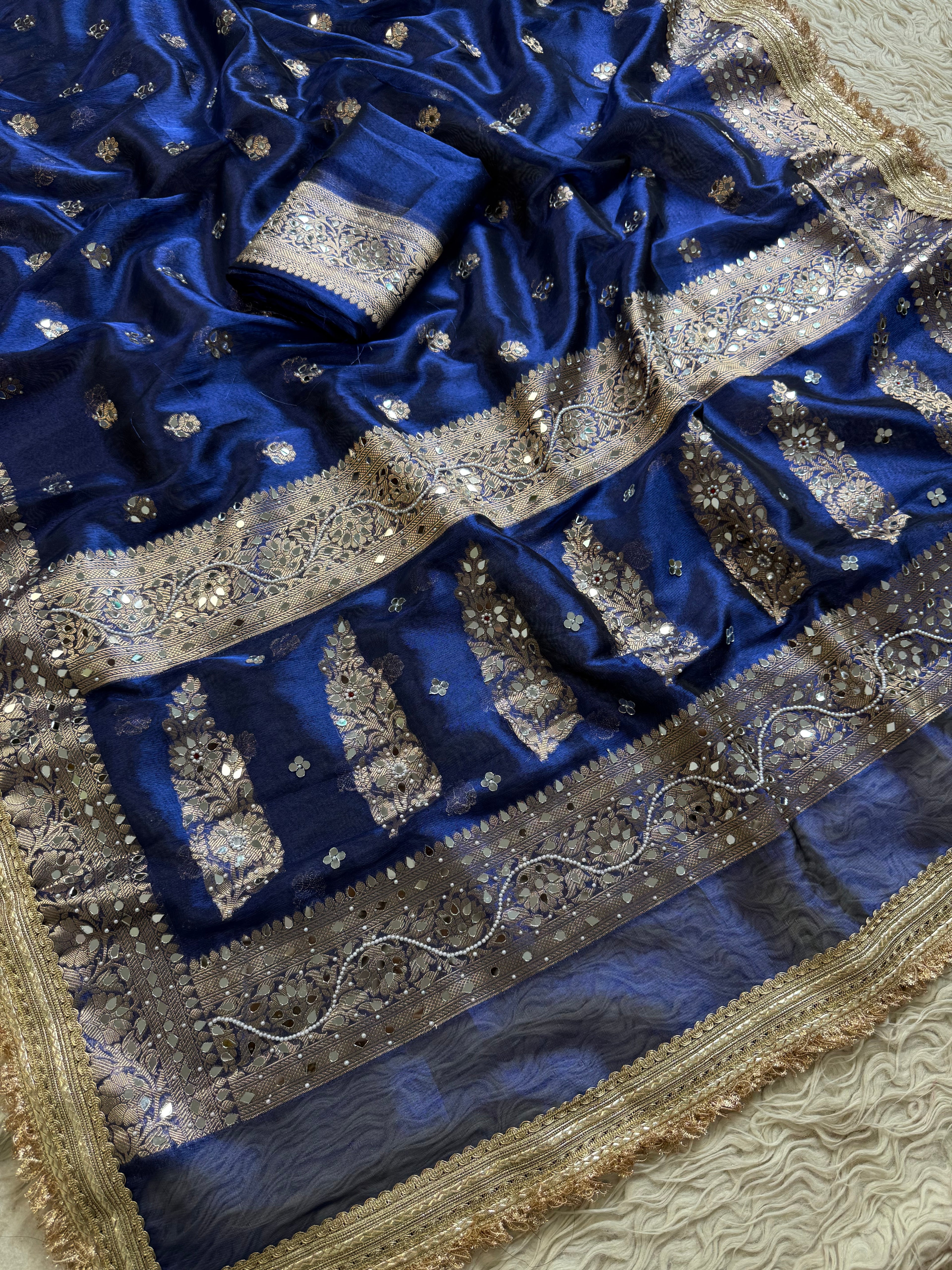 Designer Banarasi Tissue Saree with Pearl Work on all over Body with Intricate Border and Pallu Design Along with Gotta Patti Lace Work