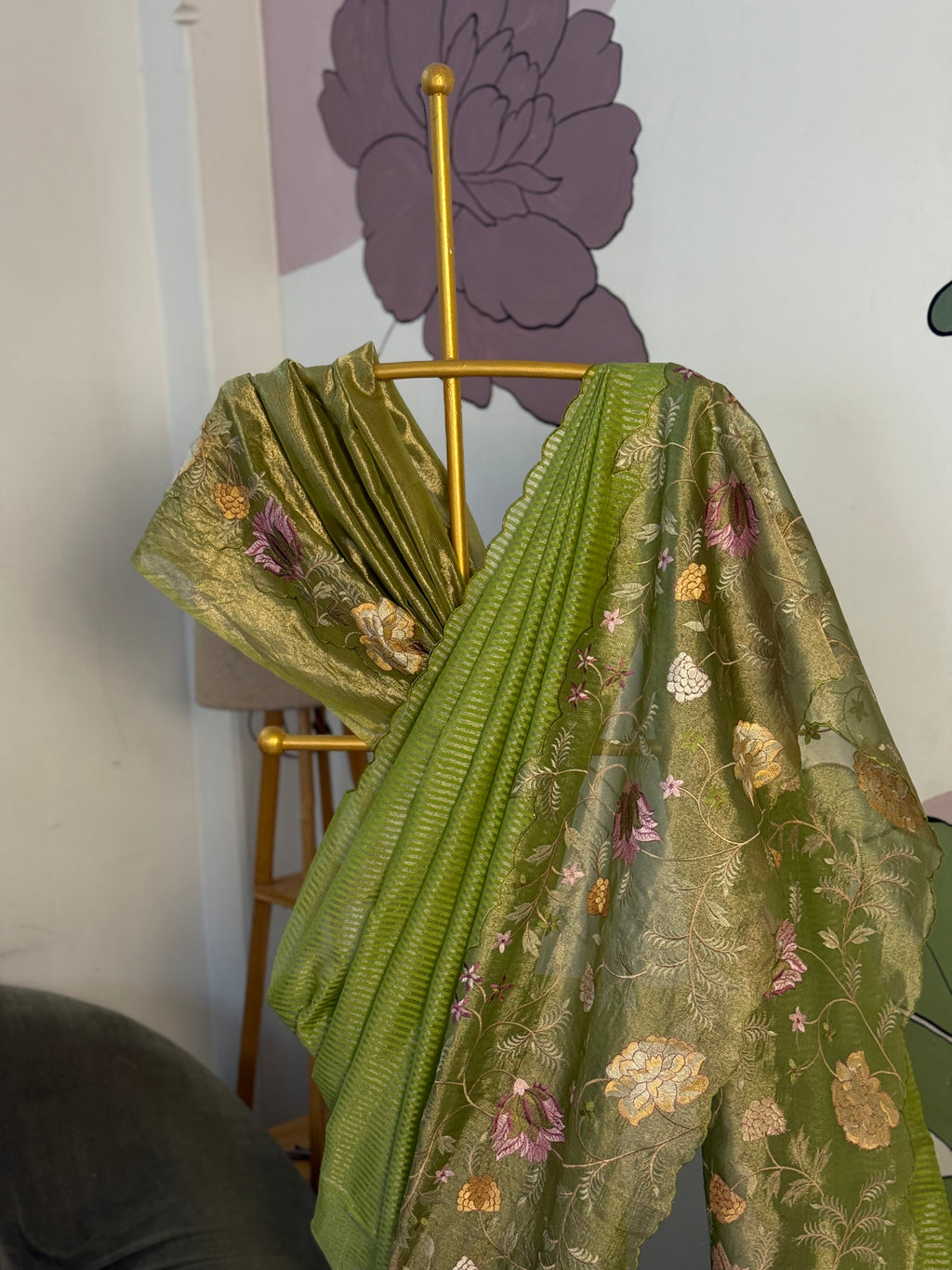 Light Green Designer Chiniya Tissue Silk Stripe Saree with multi color floral embroidered on Tissue Base