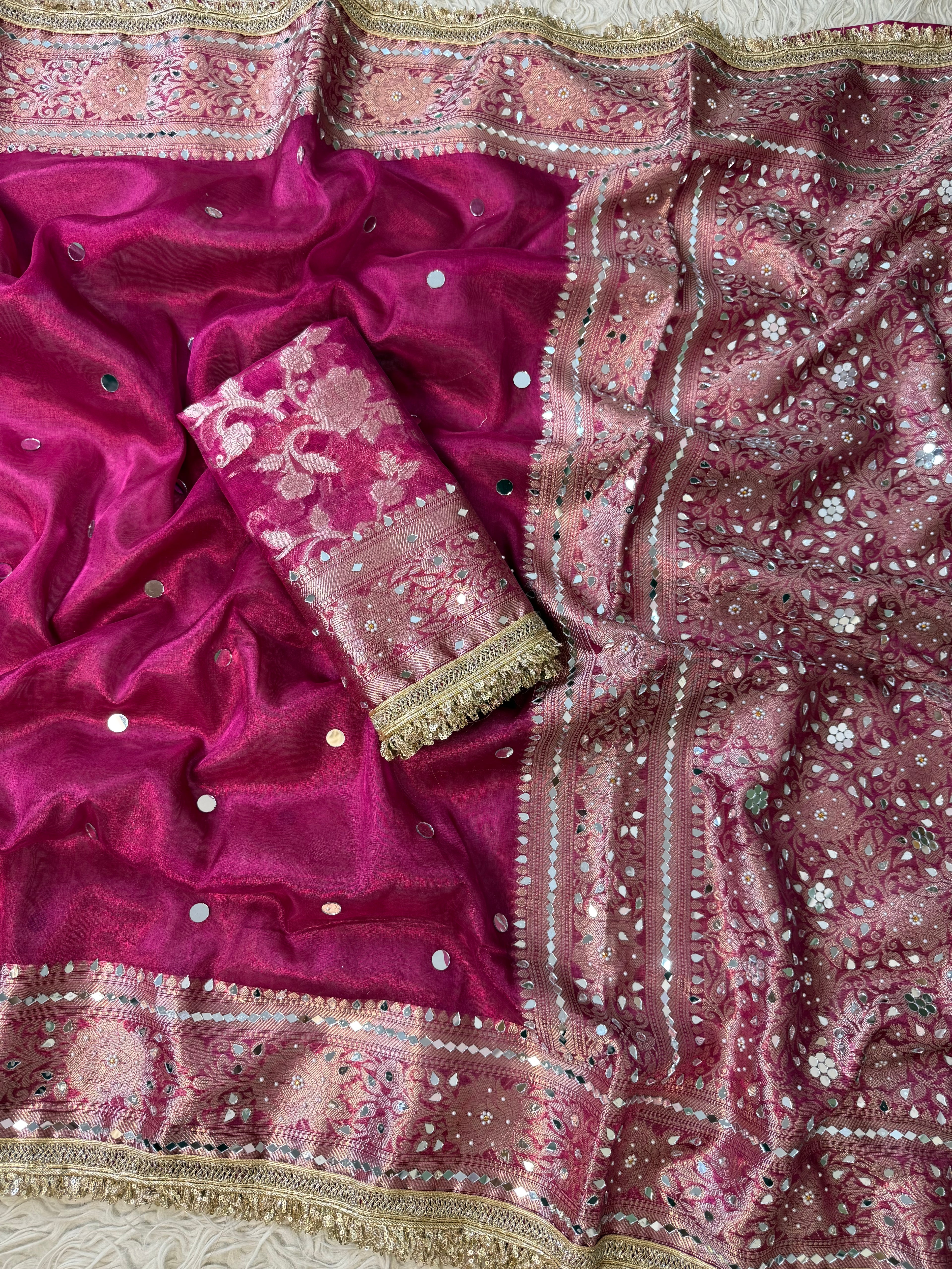 Designer Banarasi Tissue Saree with Pearl and mirror Work on all over Body with Intricate Border and Pallu Design Along with Gotta Patti Lace Work