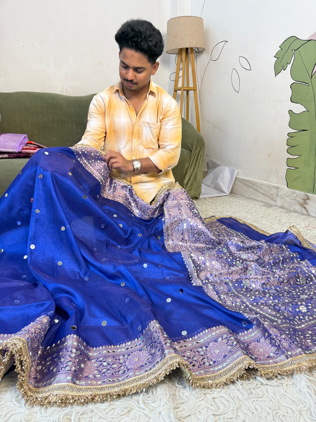 Designer Banarasi Tissue Saree with Pearl and mirror Work on all over Body with Intricate Border and Pallu Design Along with Gotta Patti Lace Work