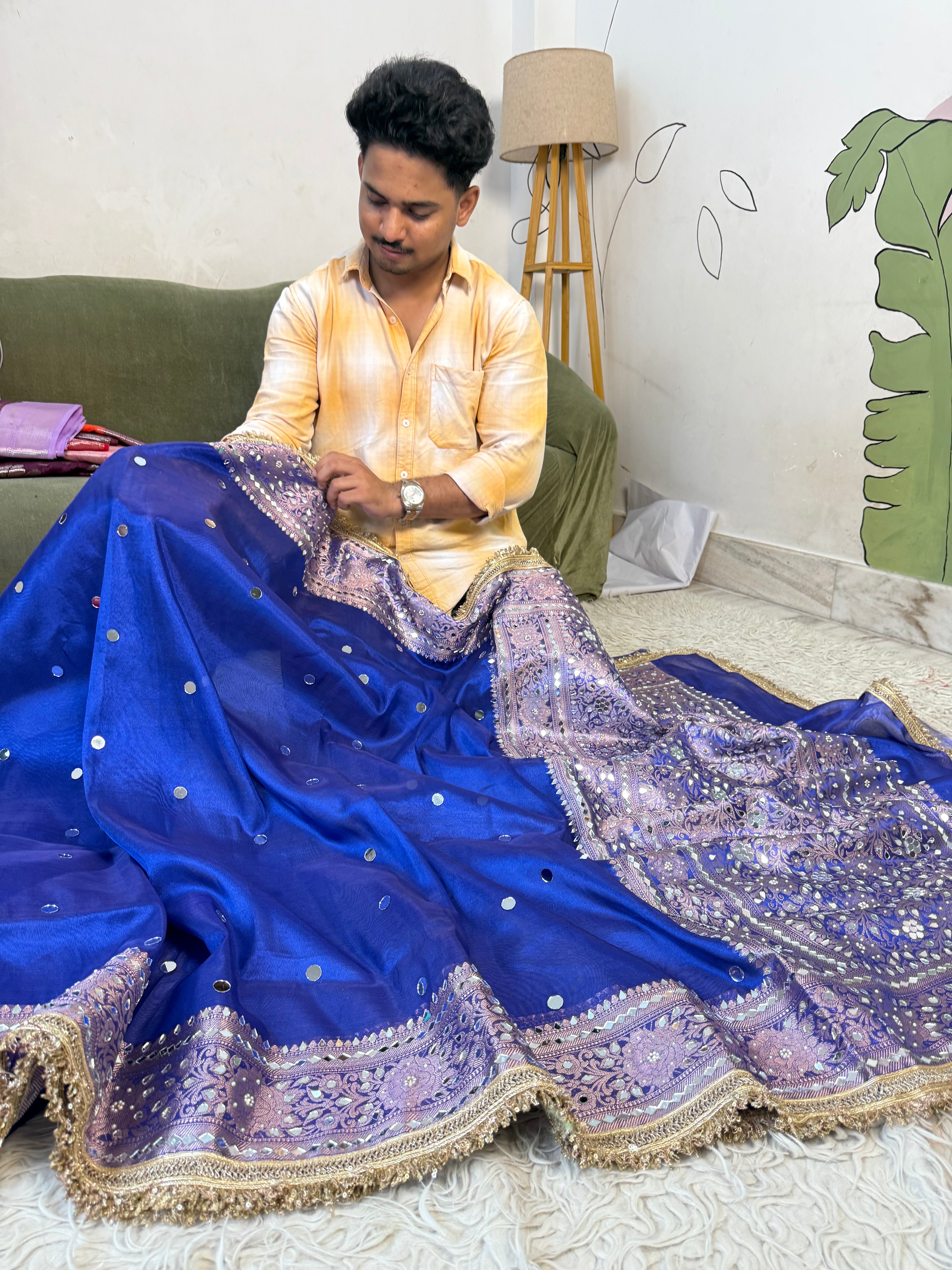 Designer Banarasi Tissue Saree with Pearl and mirror Work on all over Body with Intricate Border and Pallu Design Along with Gotta Patti Lace Work
