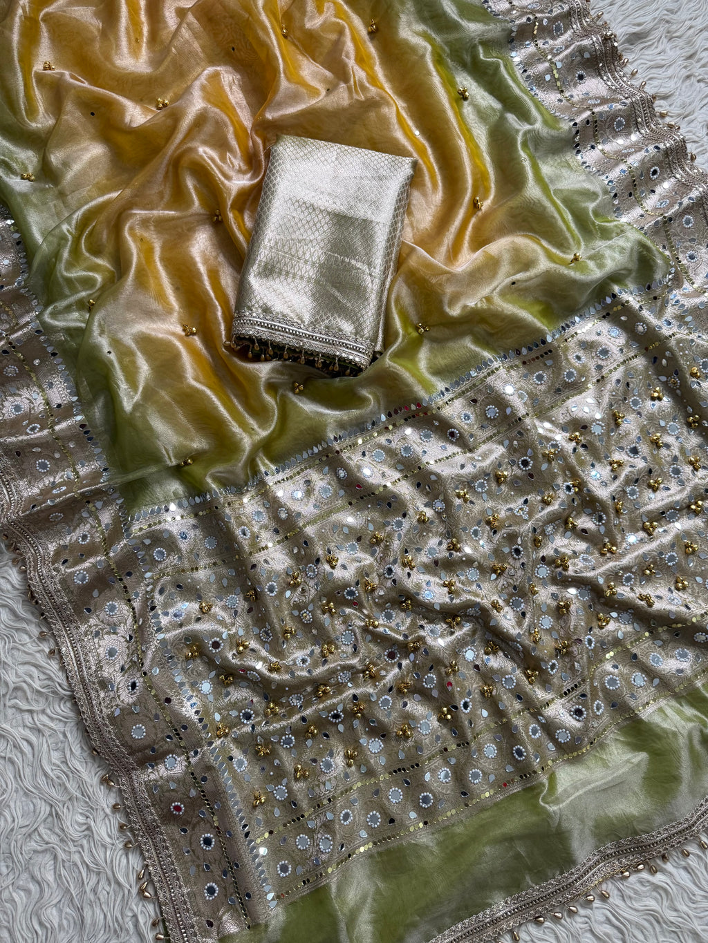 Duo Green yellow Banarasi tissue saree X ghungroo and mirror work