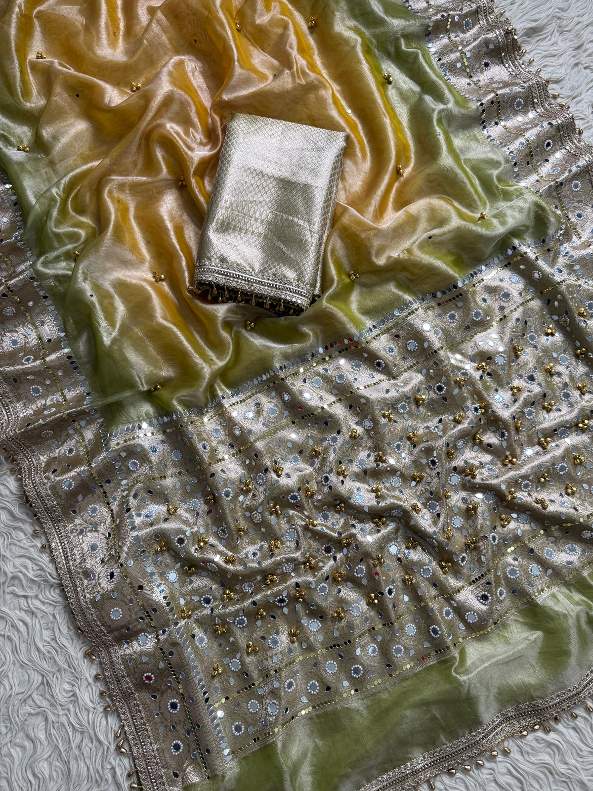 Duo Green yellow Banarasi tissue saree X ghungroo and mirror work