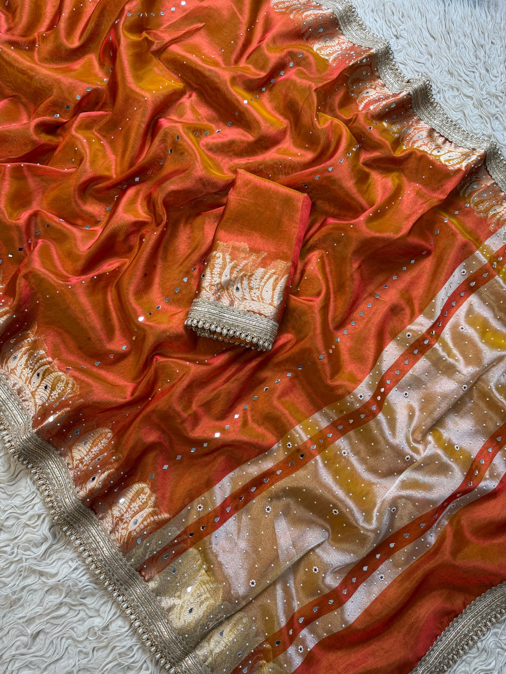 Designer Banarasi Tissue Saree with mirror Work on all over Body with Intricate Border and Pallu Design Along with heavy mirror work and Gotta Patti Lace Work