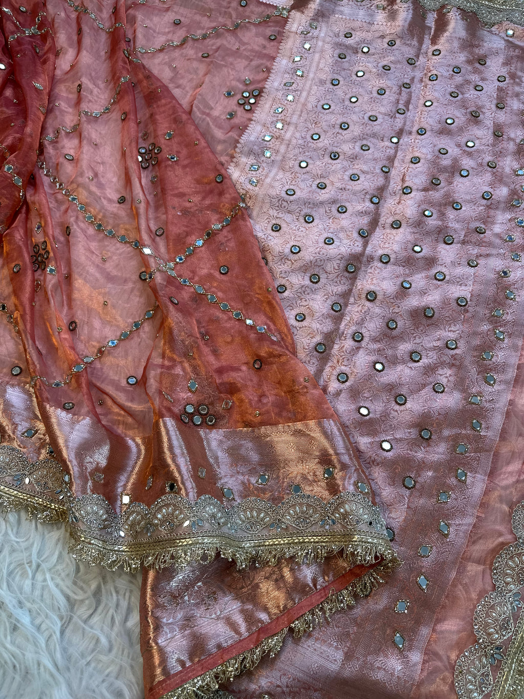 100%Pure Banarasi Tissue Saree with Hand Work on all over Body with Intricate Border and Pallu Design Along with diamond  Lace Work