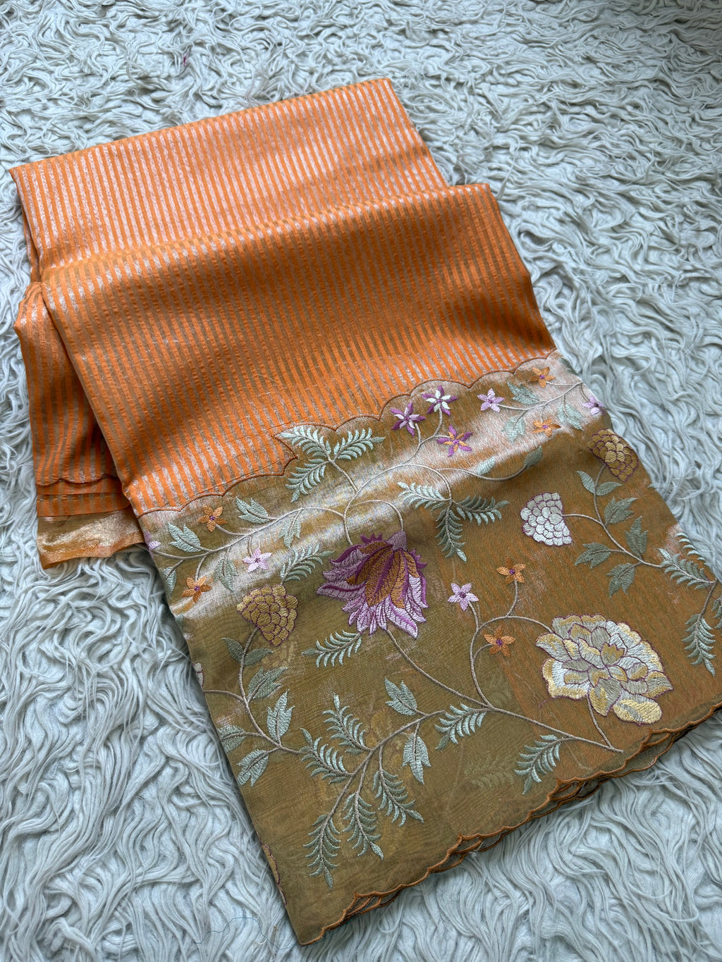 Light oranges Designer Chiniya Tissue Silk Stripe Saree with multi color floral embroidered on Tissue Base