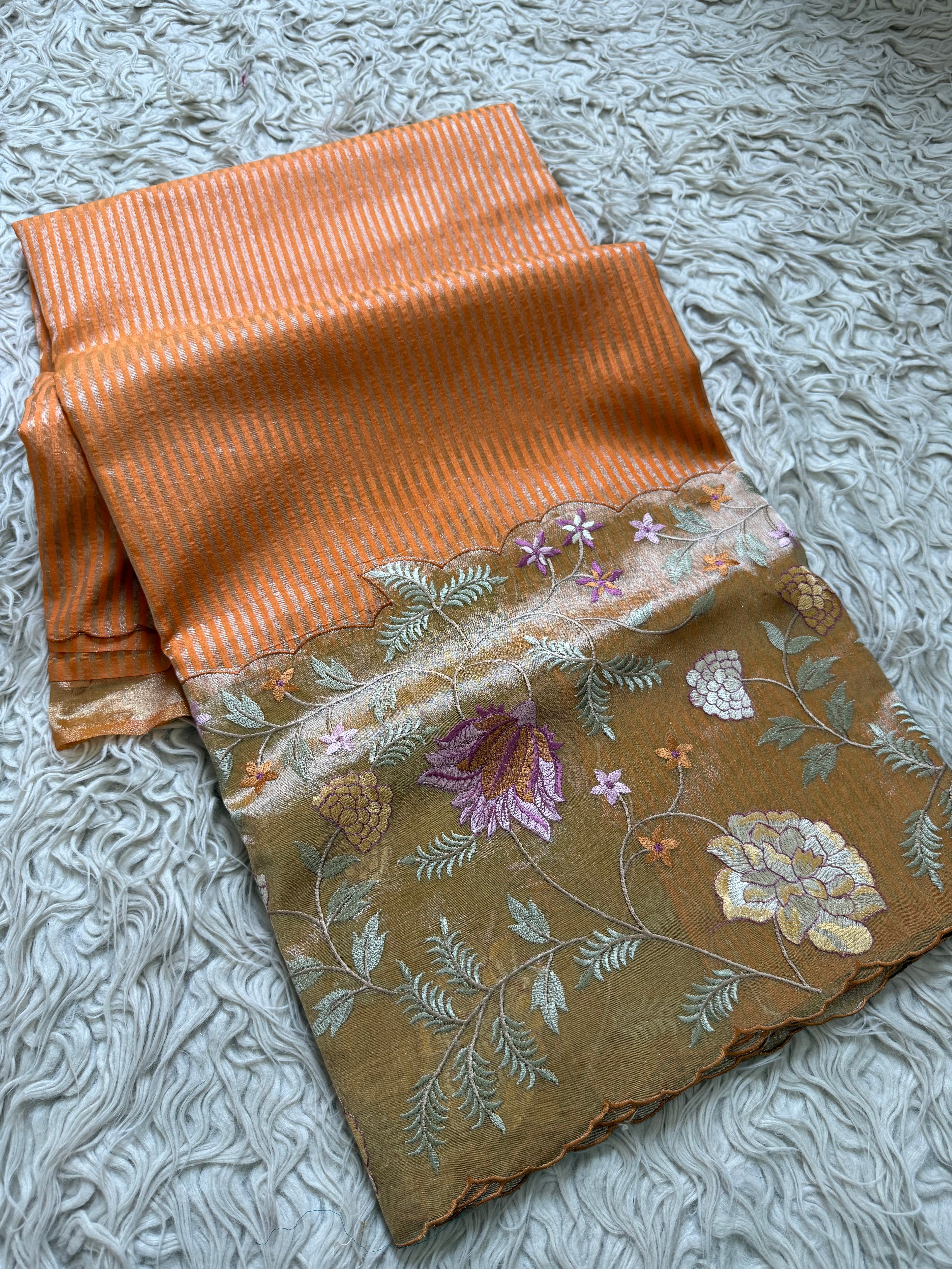 Light oranges Designer Chiniya Tissue Silk Stripe Saree with multi color floral embroidered on Tissue Base
