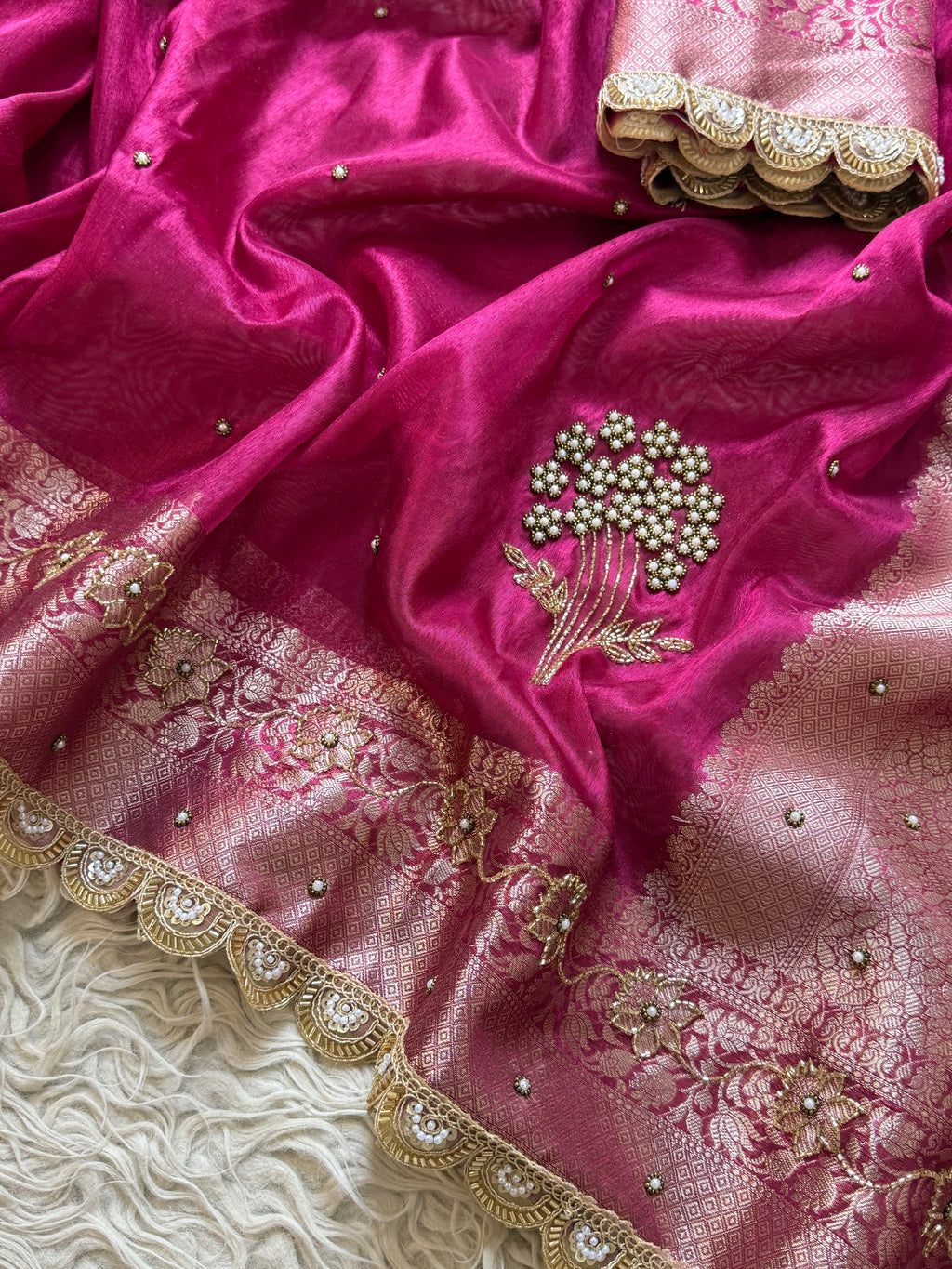 Designer Rani pink pearl and cutdana handwork in buta pattern Tissue Silk Saree