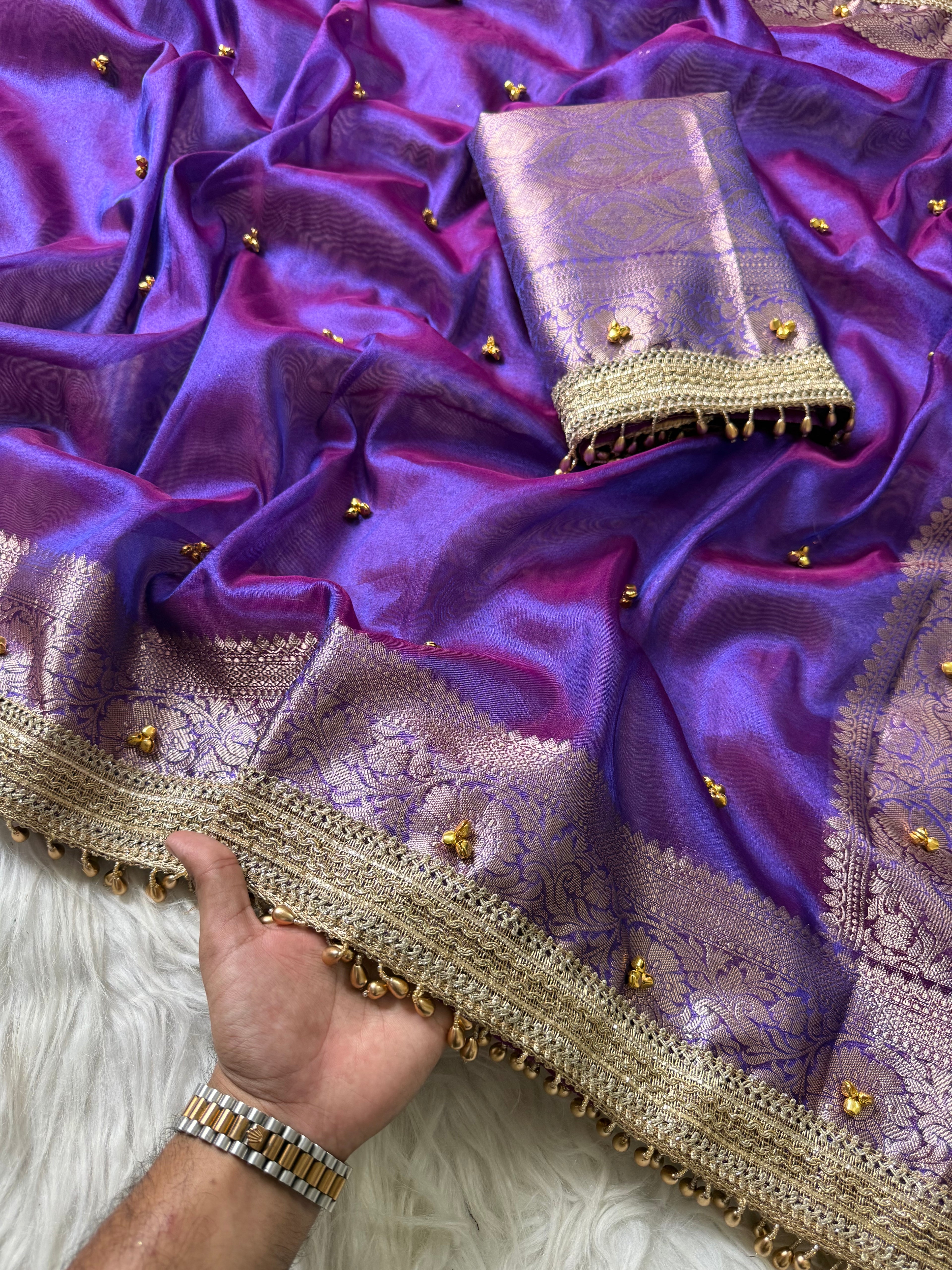 Purple Banarasi tissue saree X ghungroo work